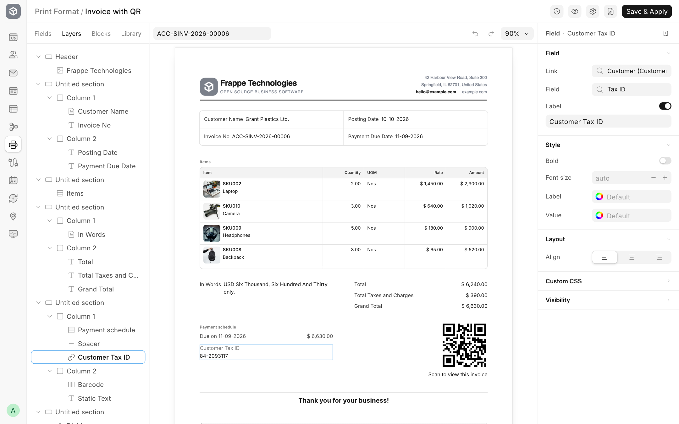 A Linked Field printing the customer's tax ID.