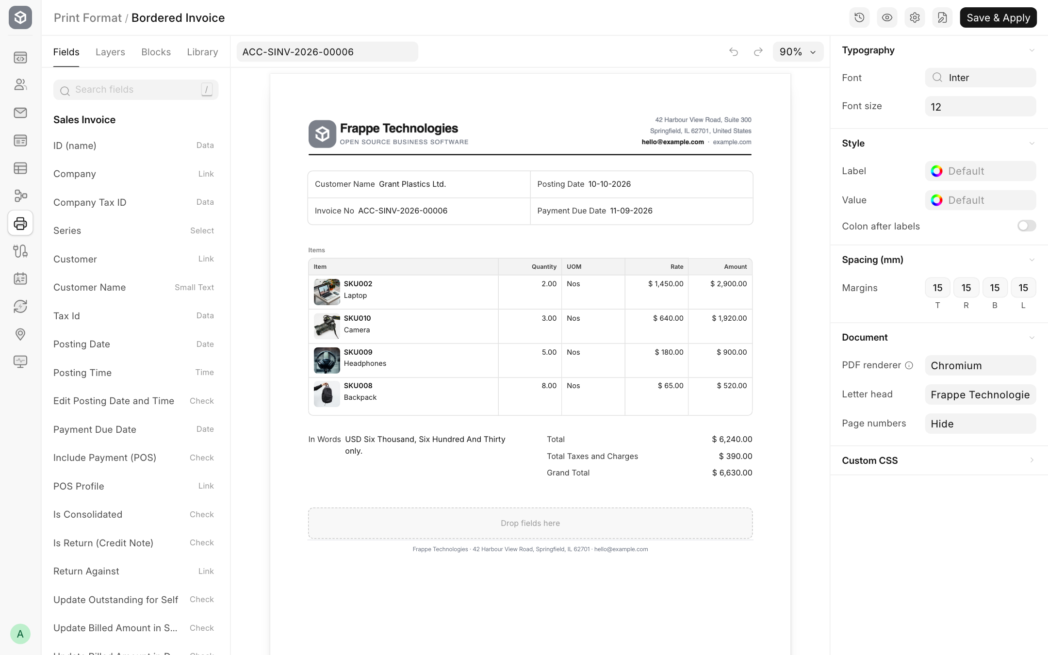 The Print Format Editor with a sales invoice loaded.