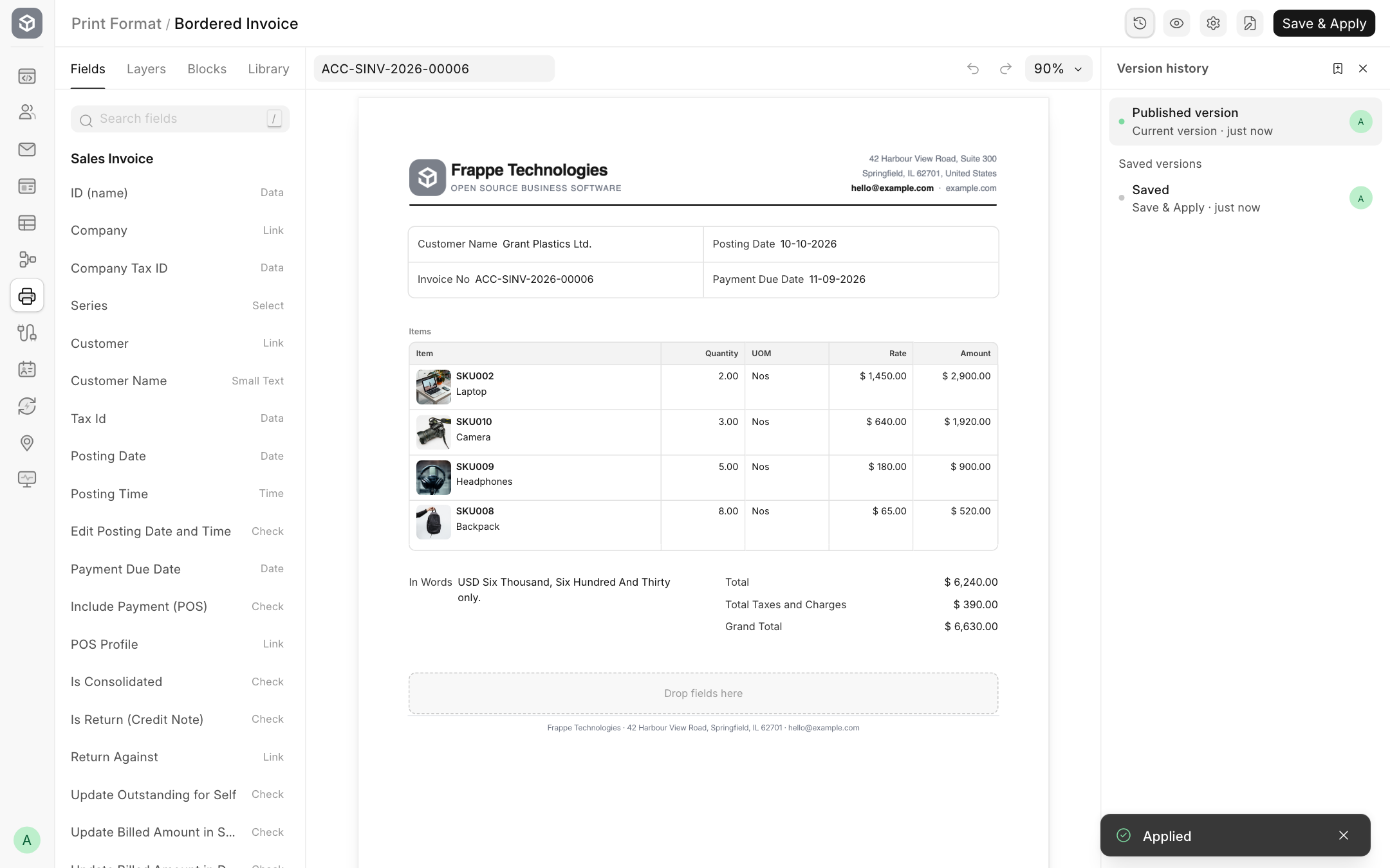 Version History with the published version and a saved version.