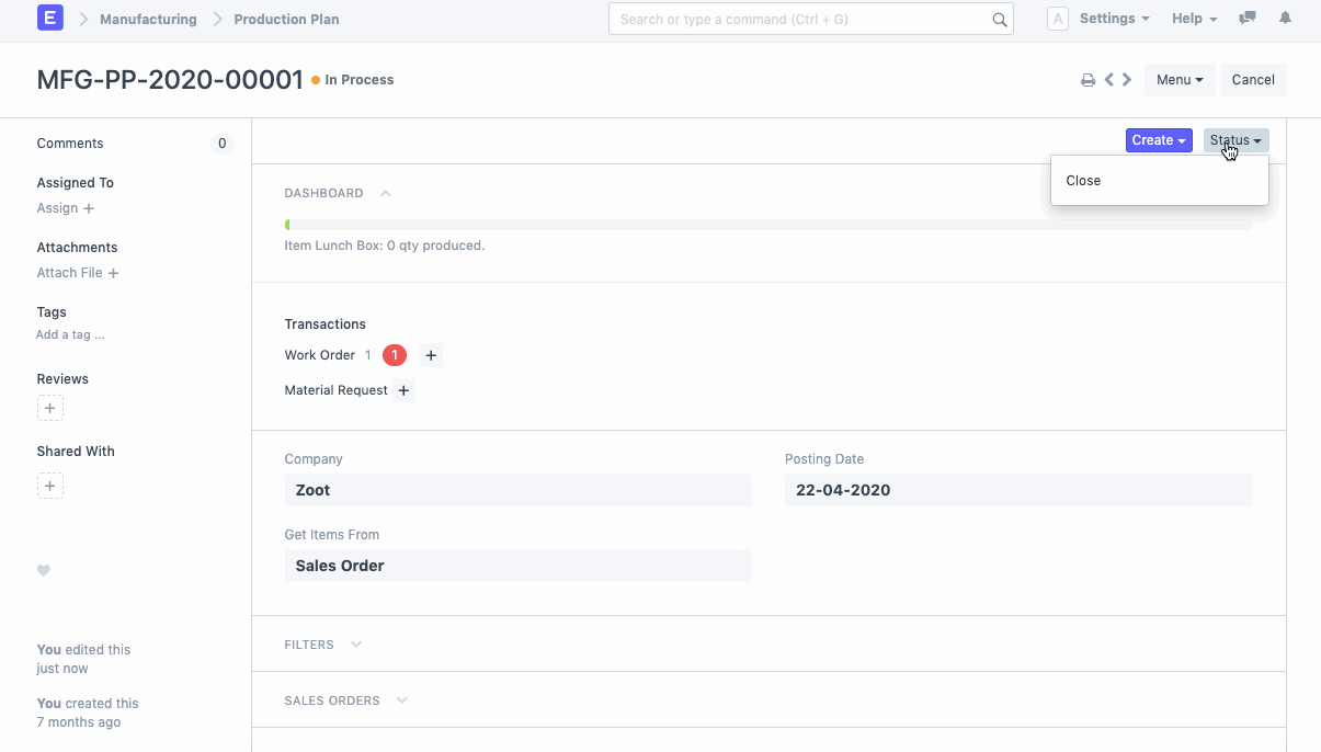 Closing a Production Plan