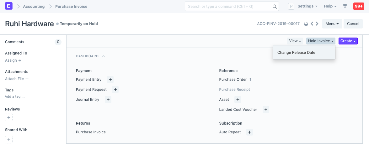 Purchase Invoice on hold