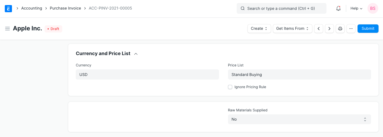 Purchase Invoice Price List