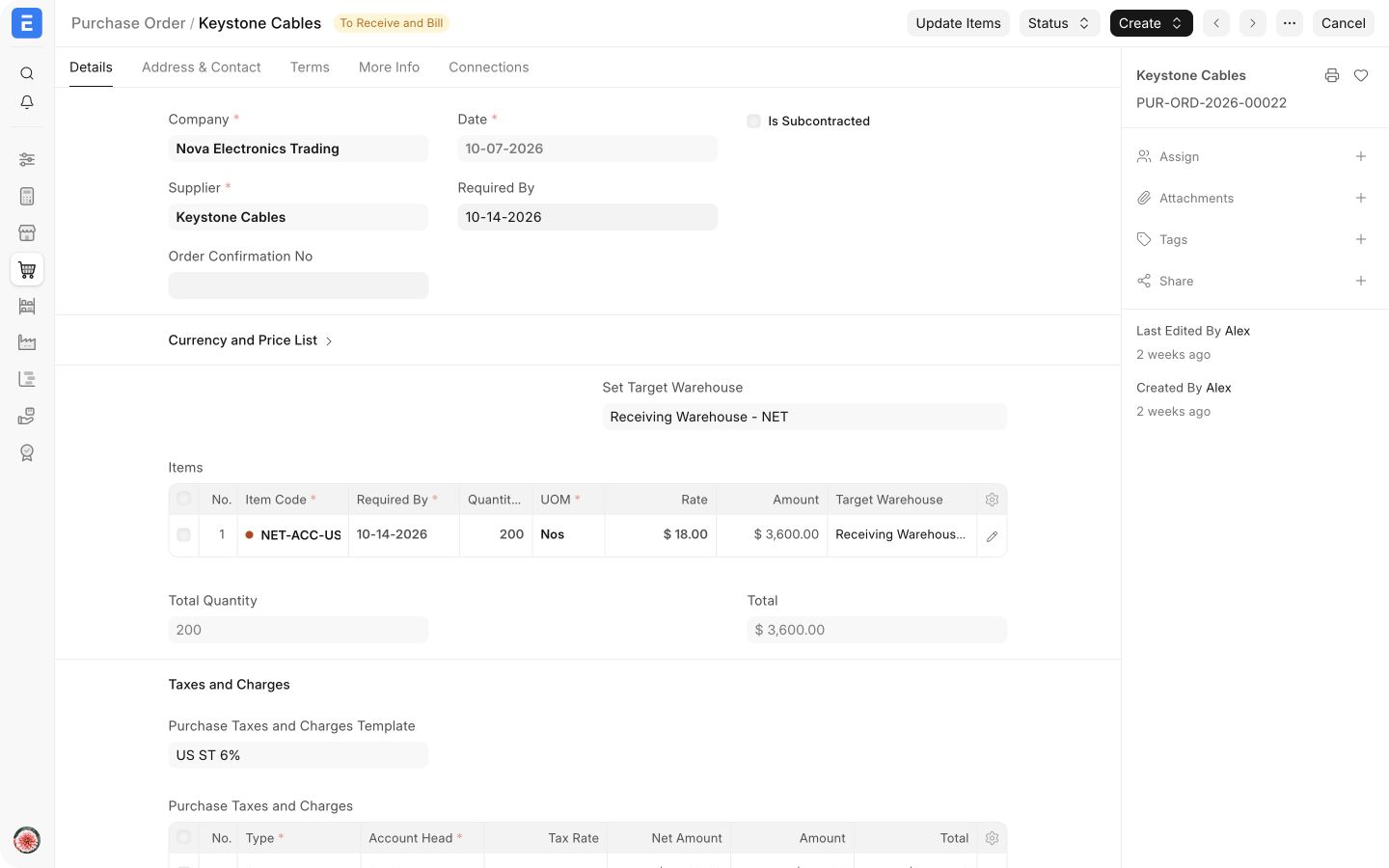 Submitted Purchase Order for Keystone Cables before receipt or billing
