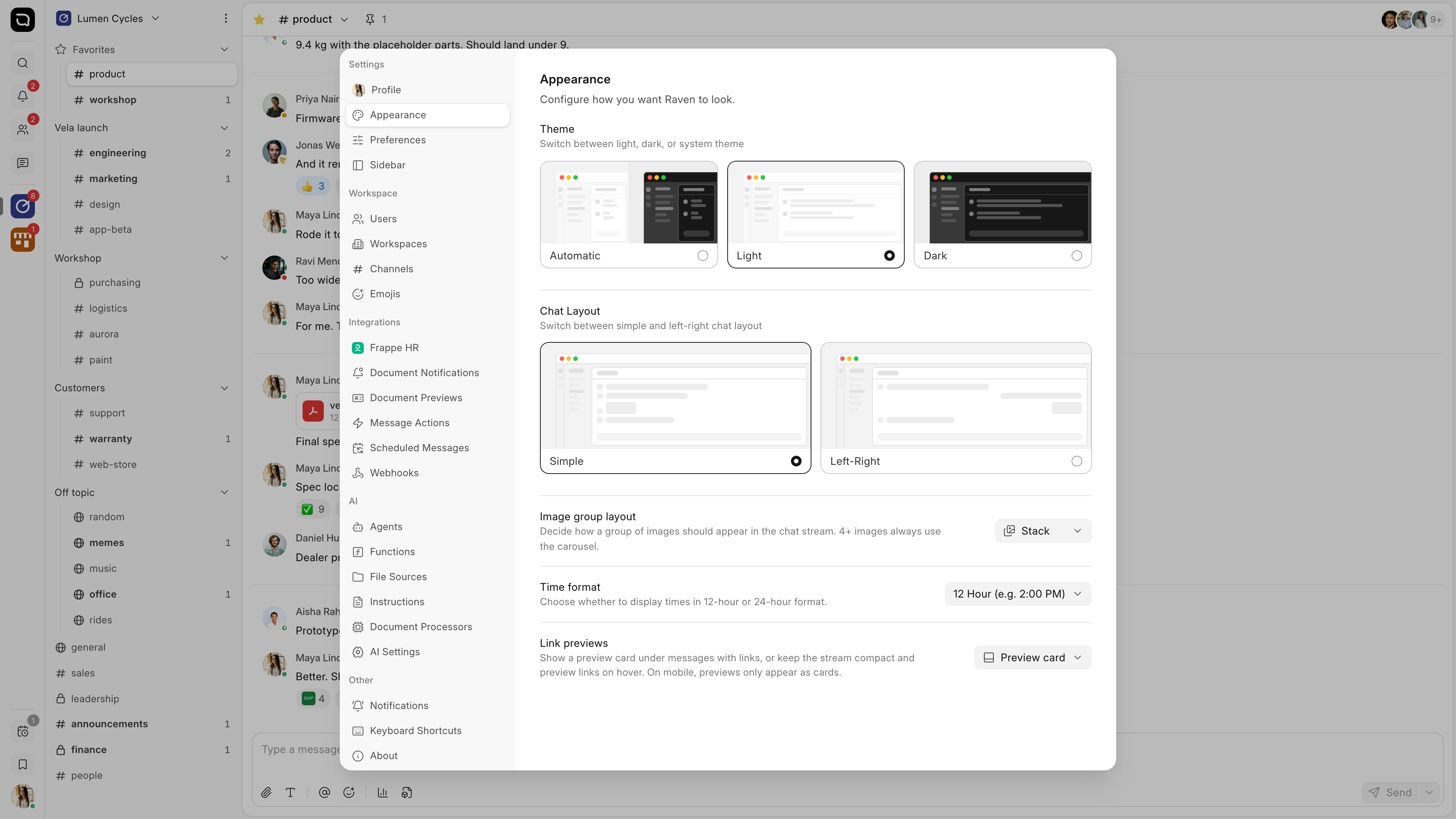 Settings, on the Appearance panel