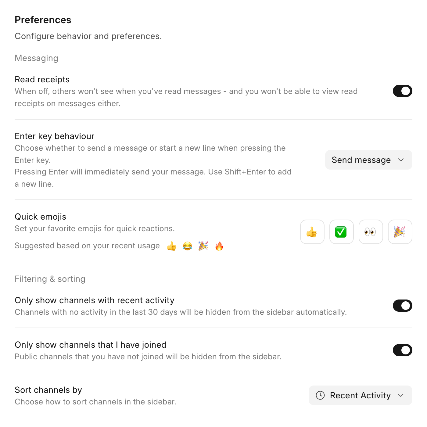 The Messaging and Filtering & sorting sections of Preferences