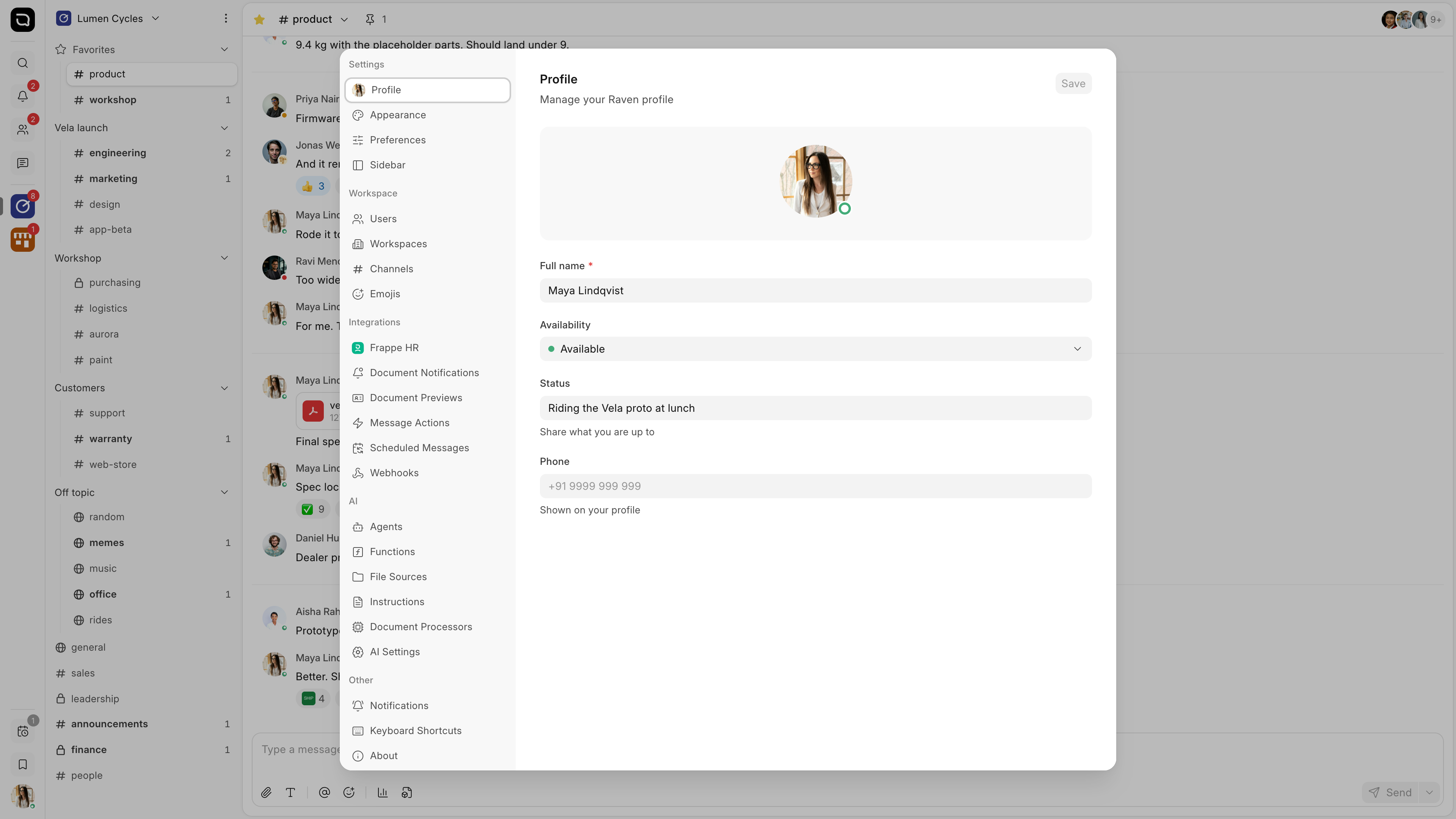 Settings, on the Profile panel