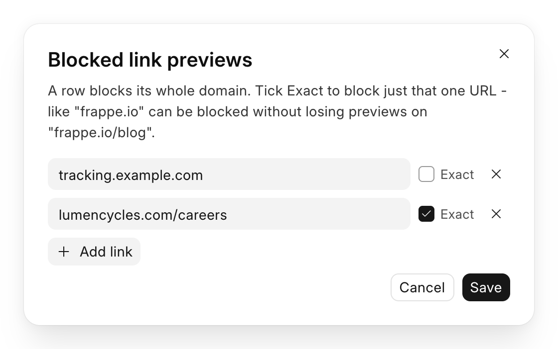 The Blocked link previews dialog