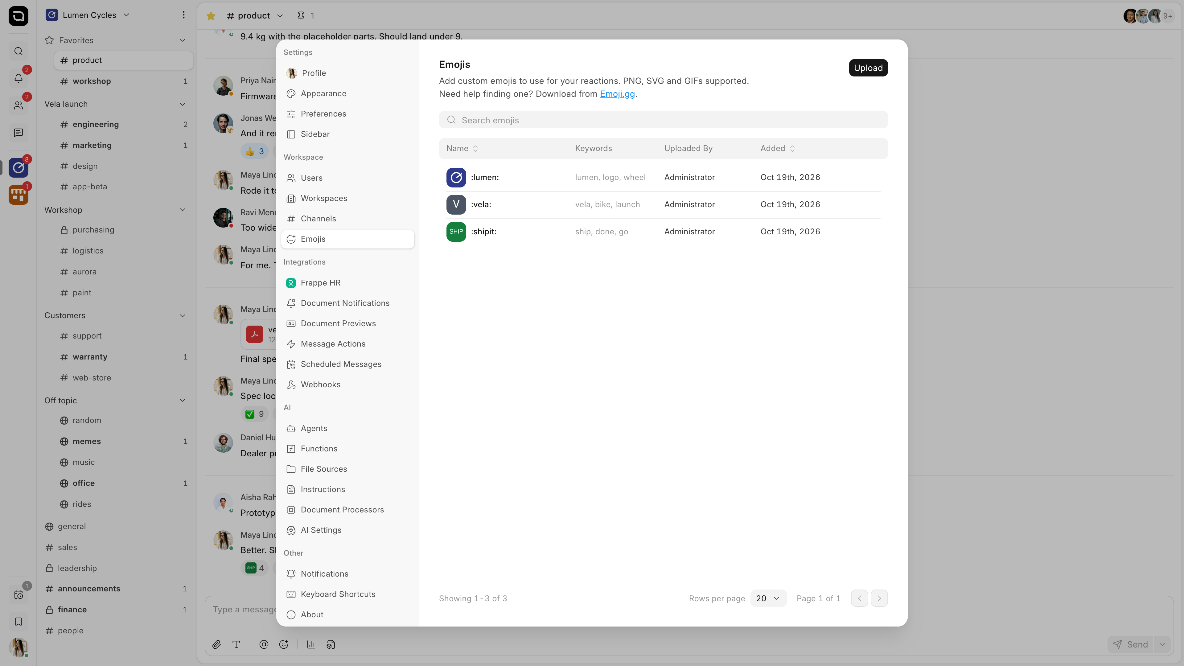 Settings, on the Emojis tab