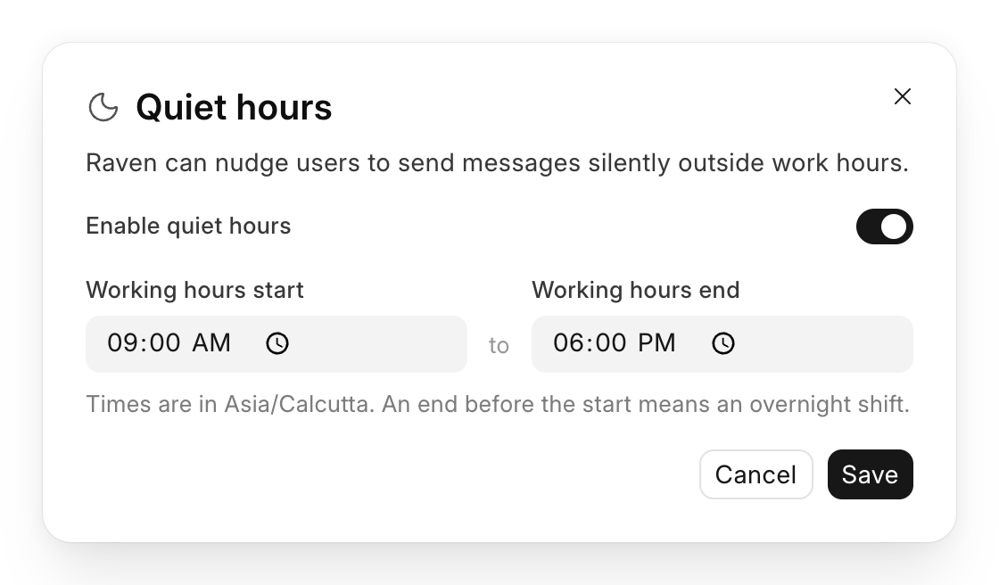 The Quiet hours dialog