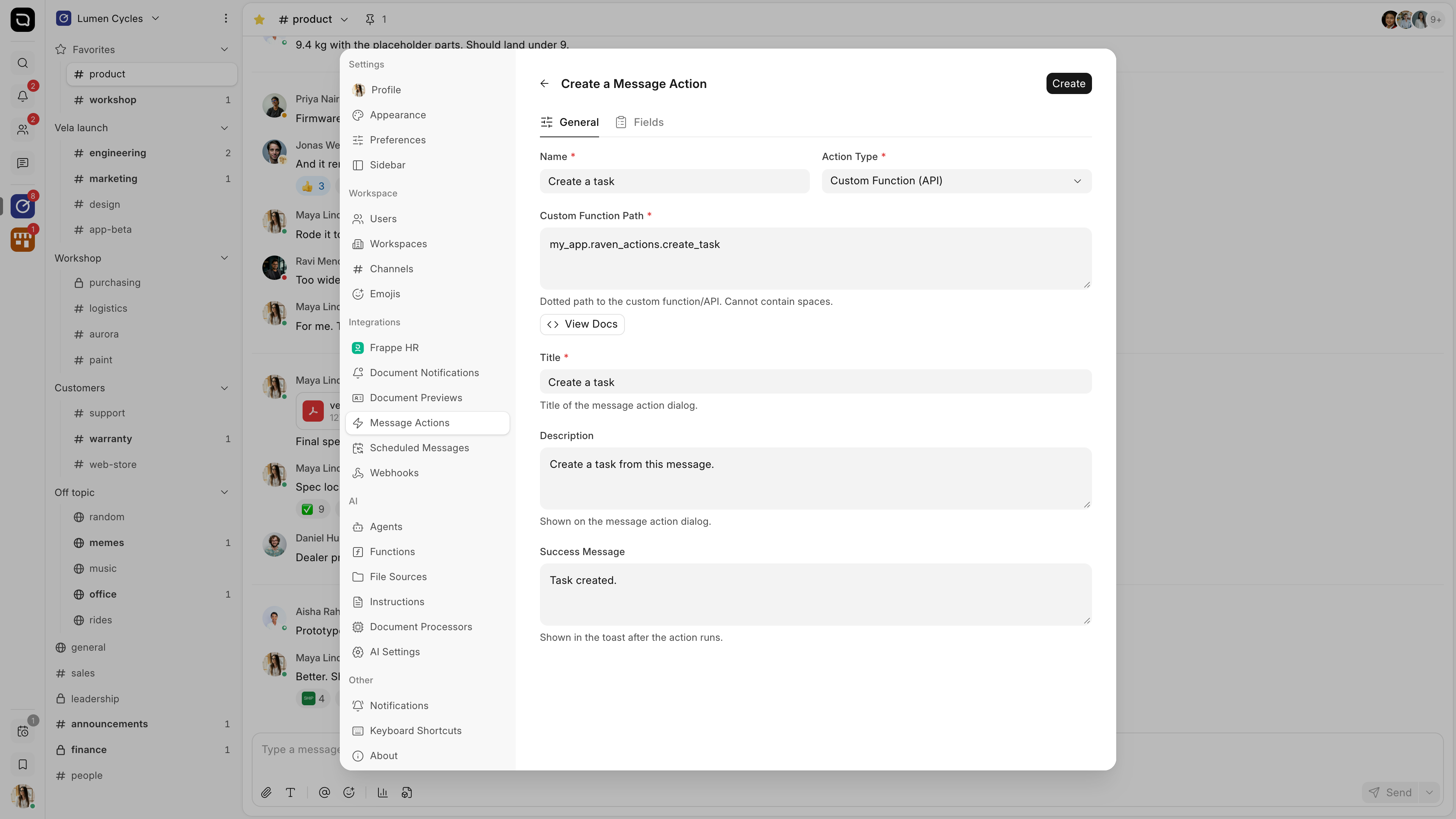 A Custom Function action in Settings