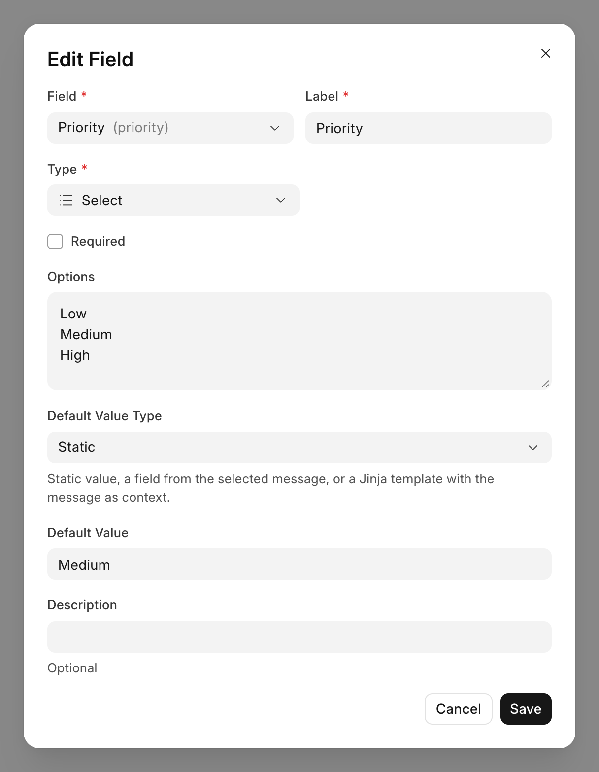 The dialog for one field