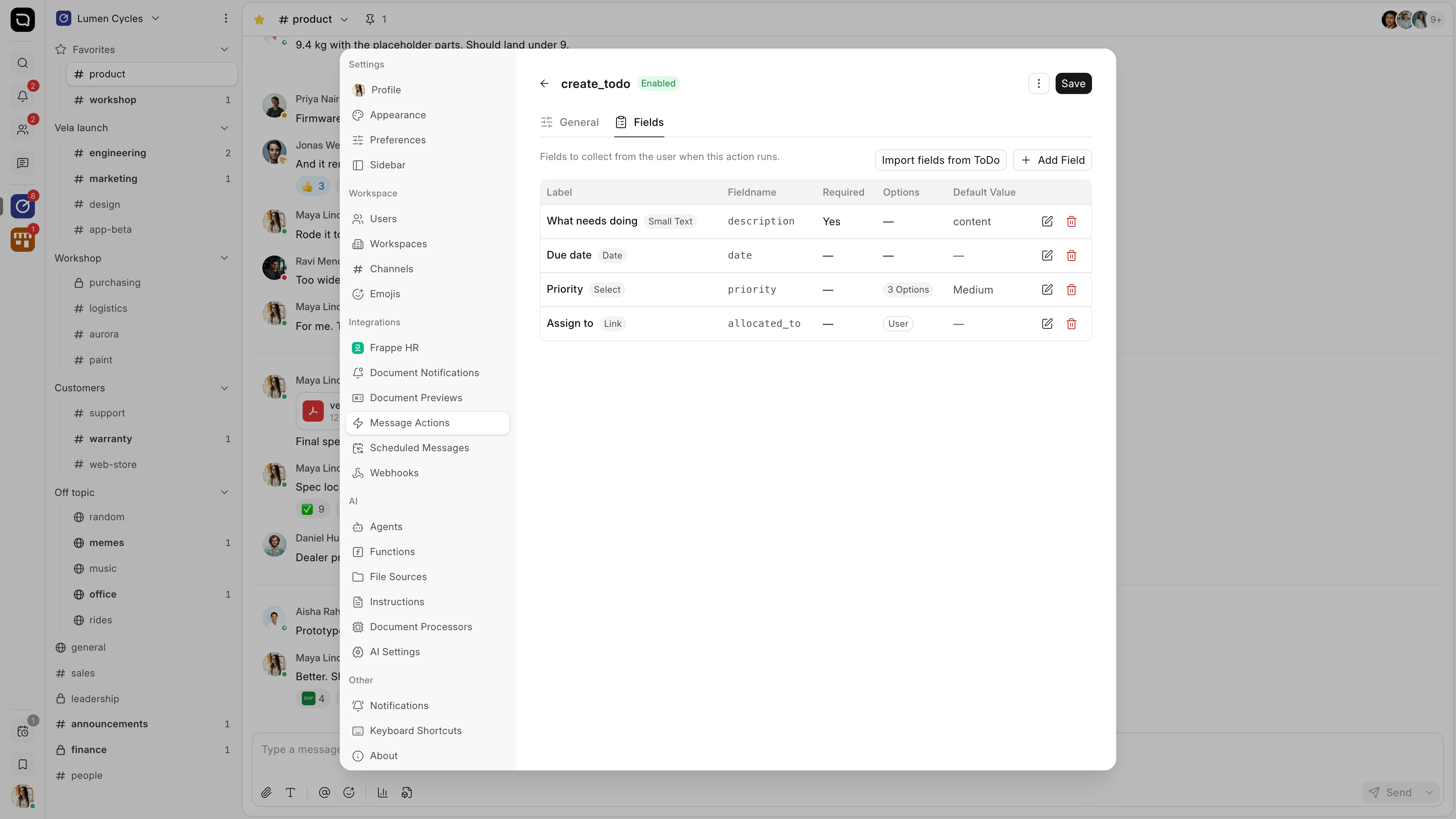 The Fields tab of a message action