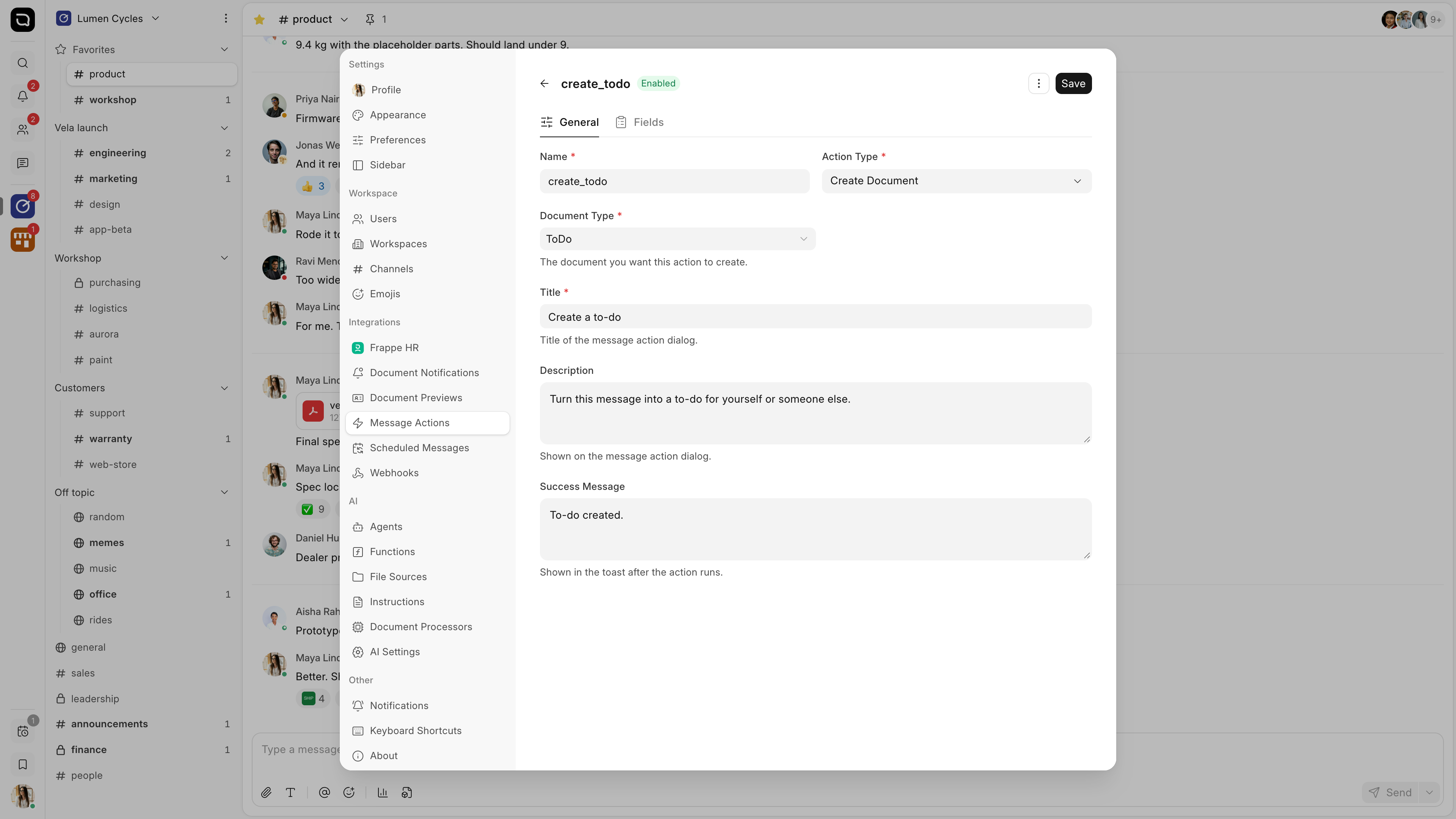 The General tab of a message action