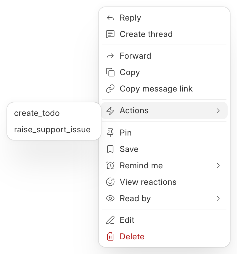 The Actions submenu on a message