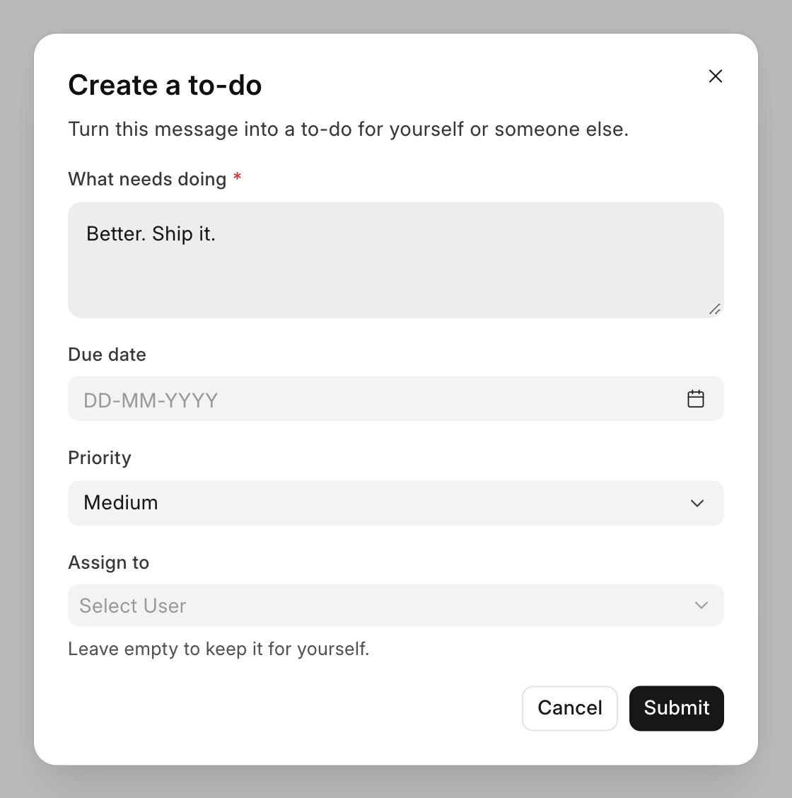 The dialog of a message action