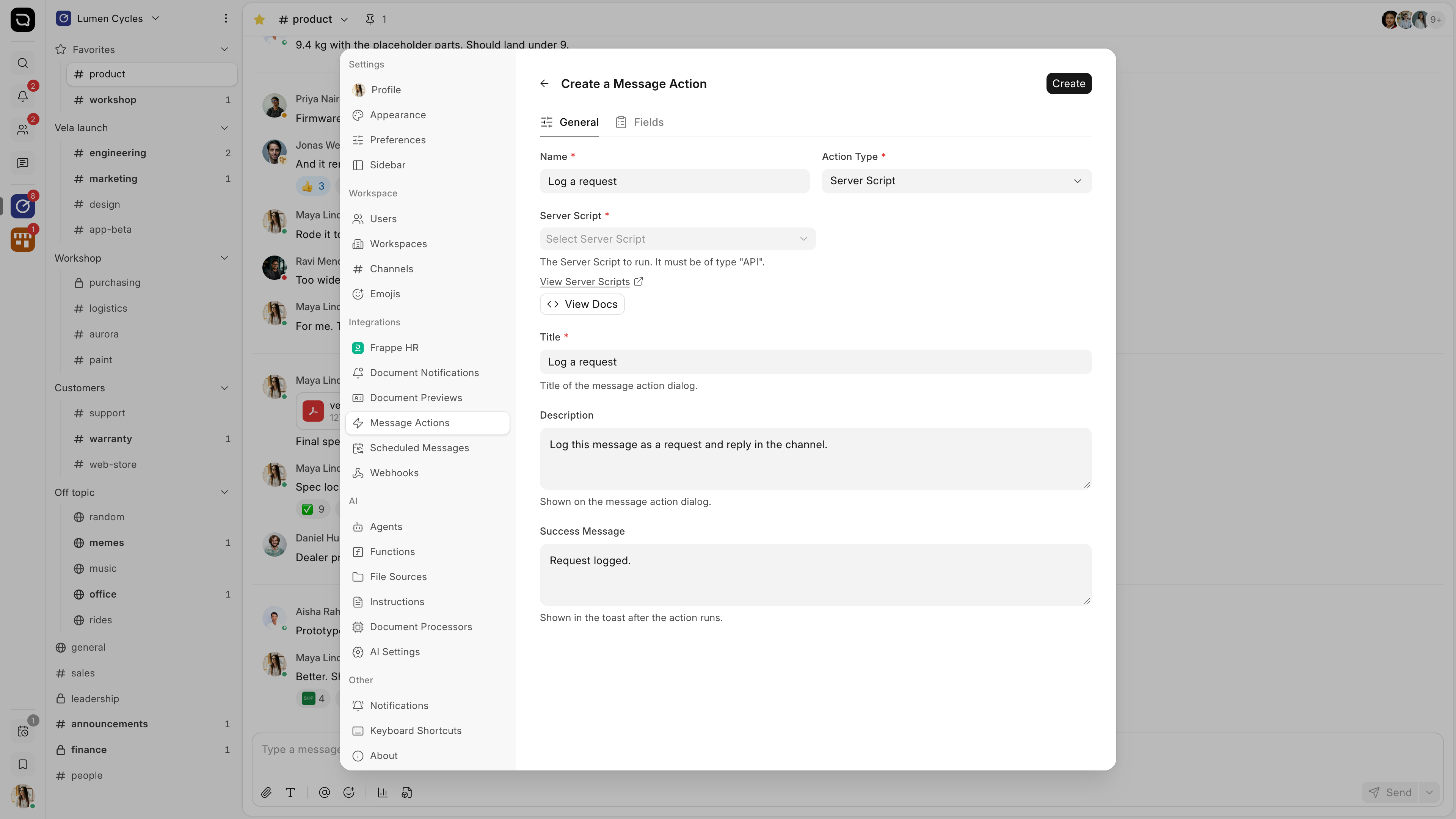 A Server Script action in Settings