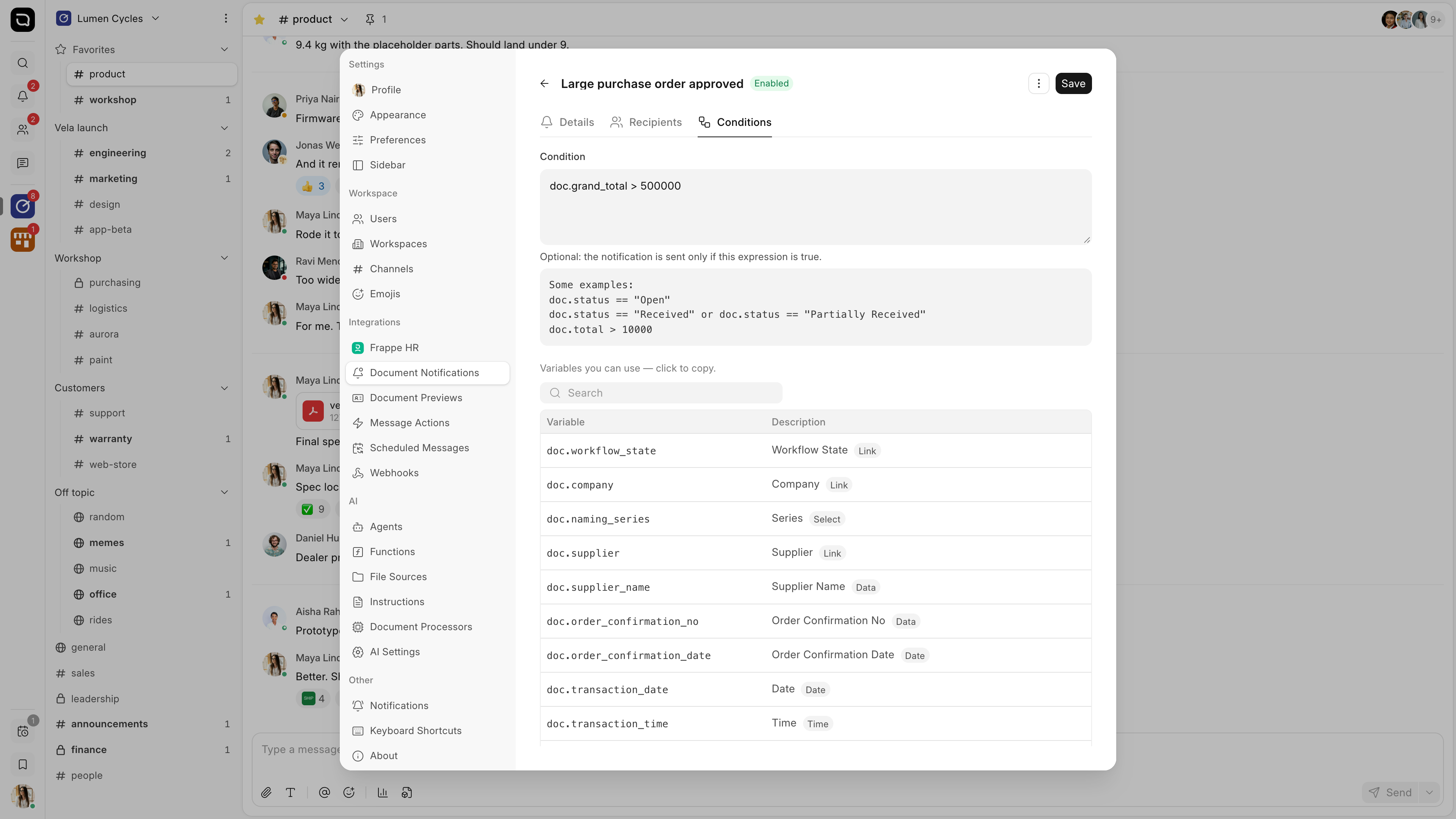 The Conditions tab of a document notification