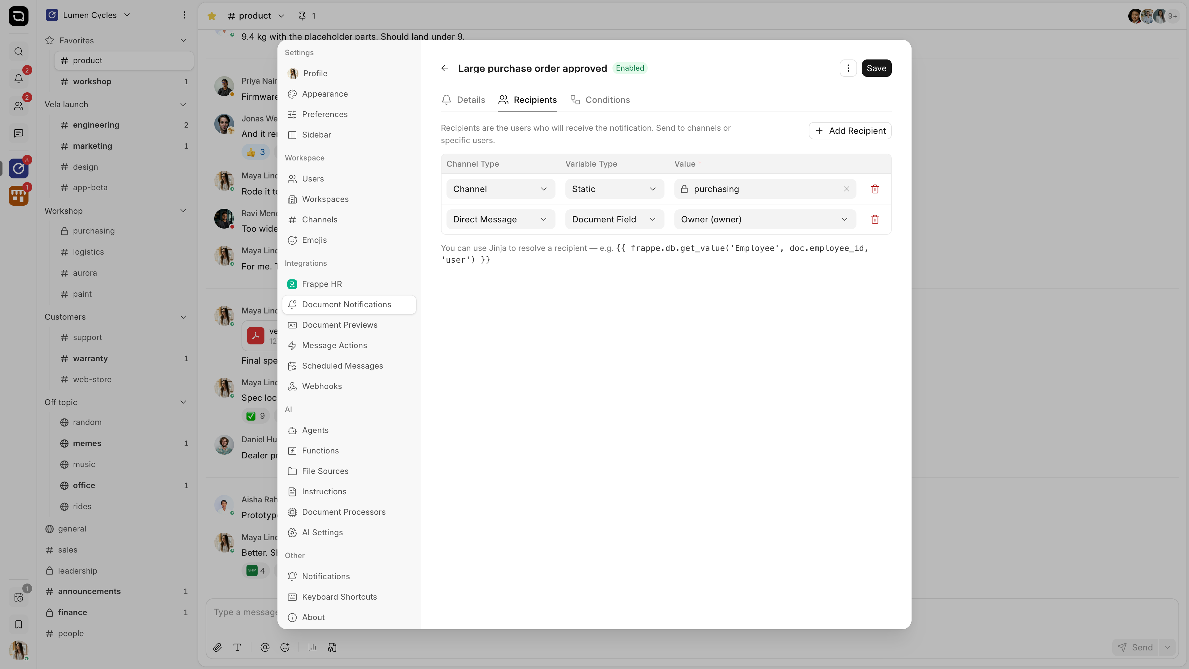 The Recipients tab of a document notification