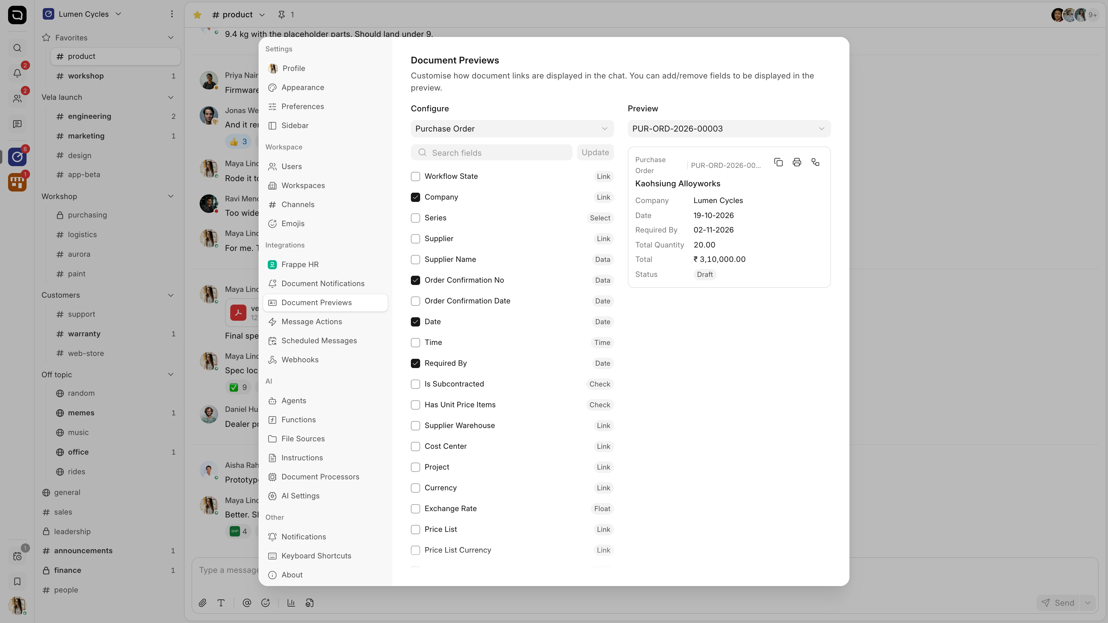 Document Previews, with the fields on the left and a sample card on the right