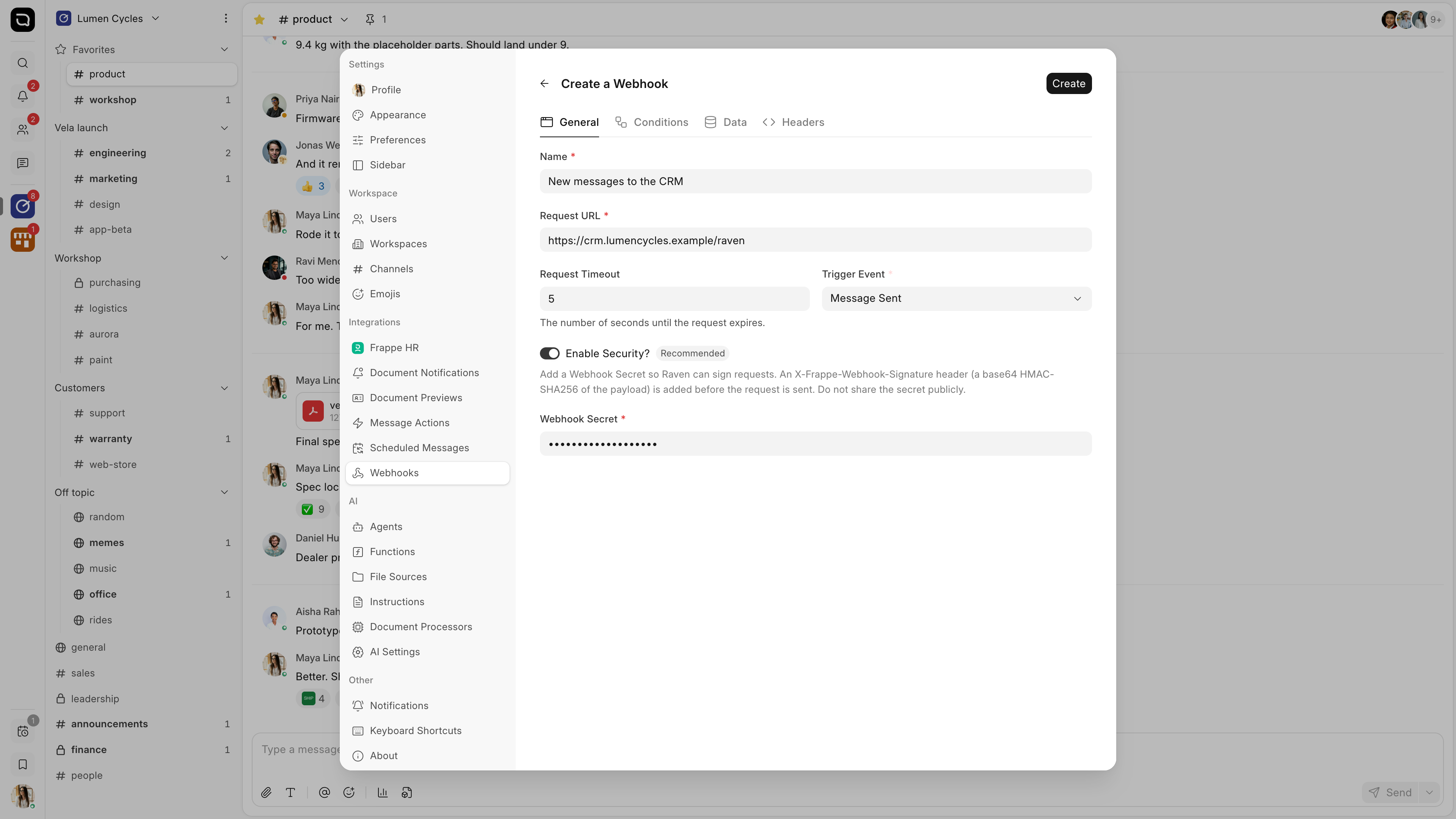 A new webhook in Settings