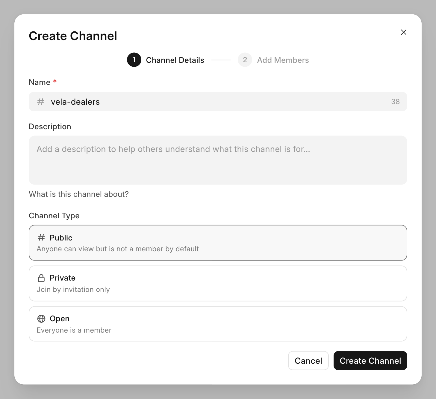 The Create Channel dialog