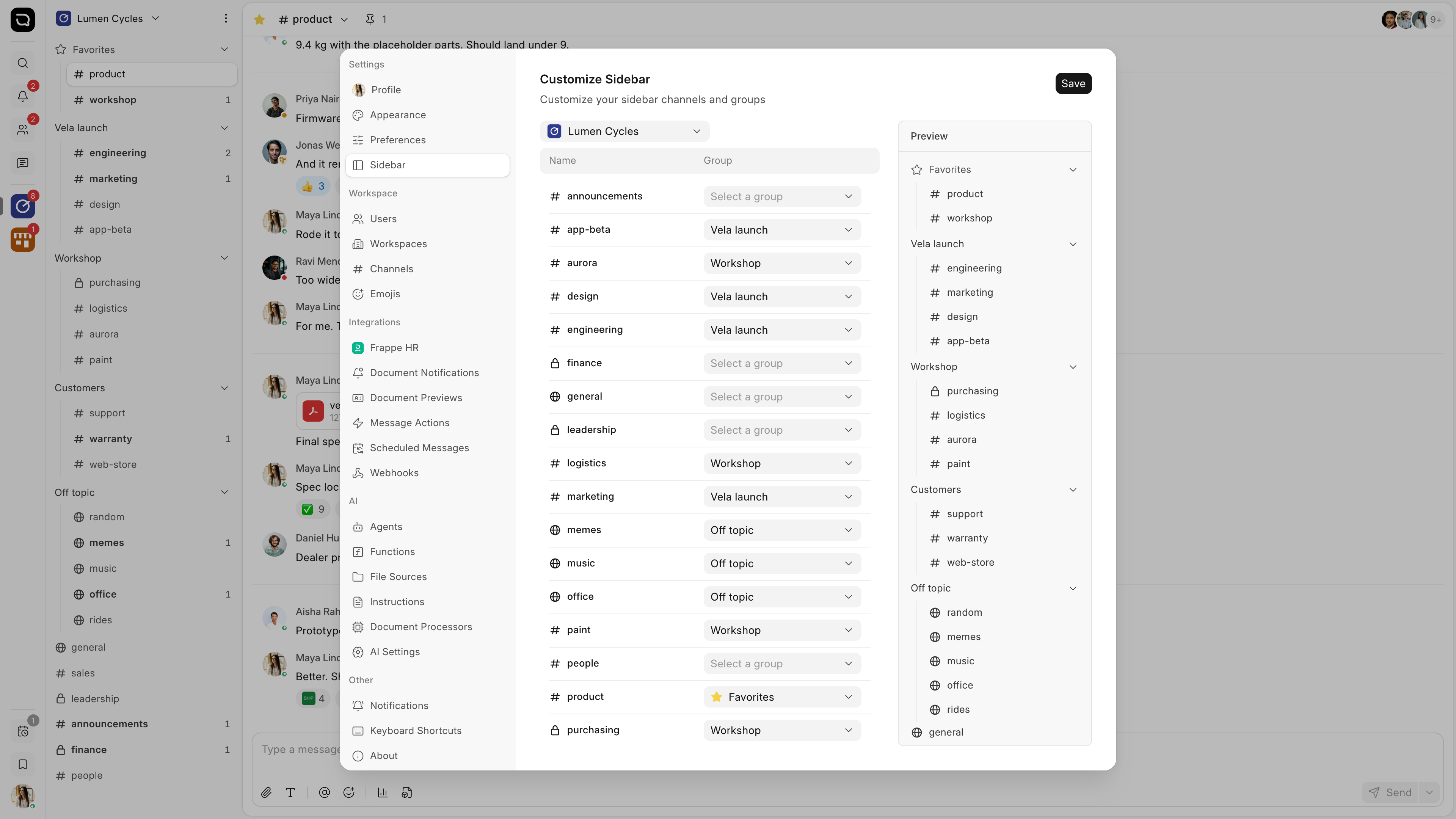Settings, on the Customize Sidebar page