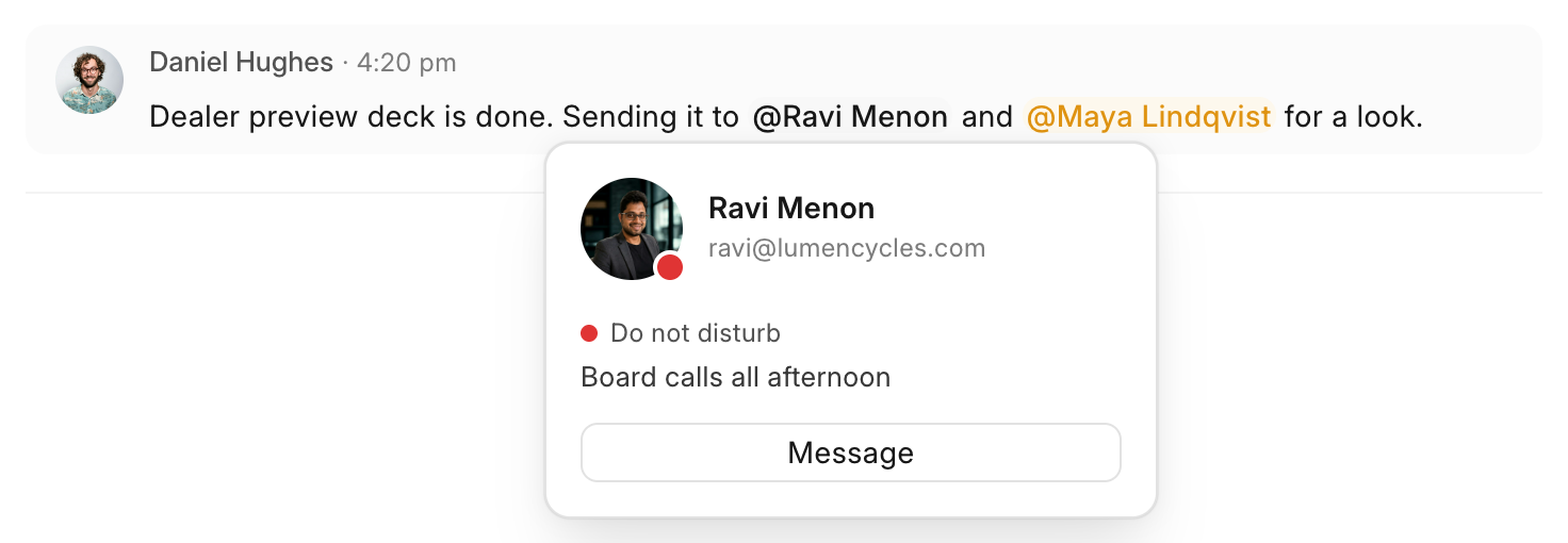 The profile card, with the Message button