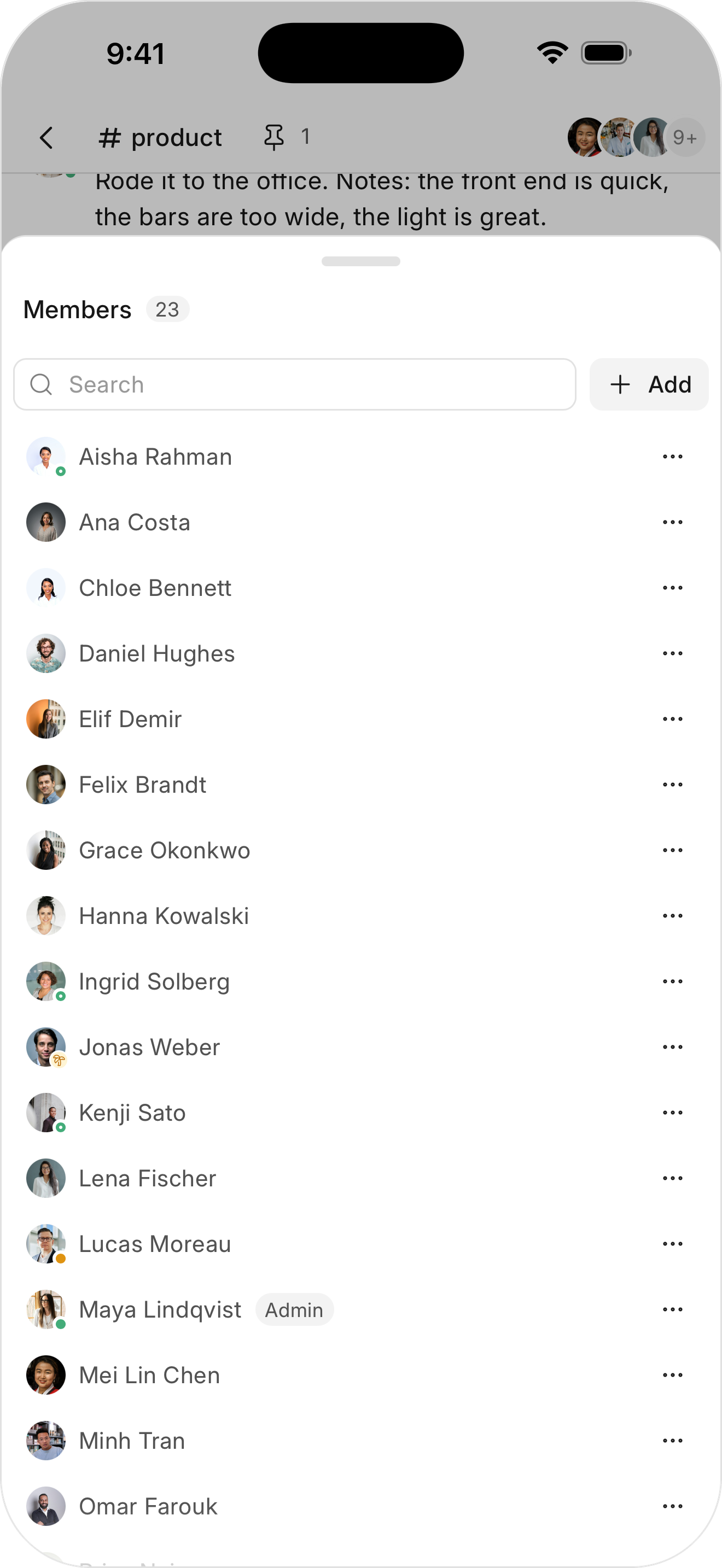 The members list on the mobile app