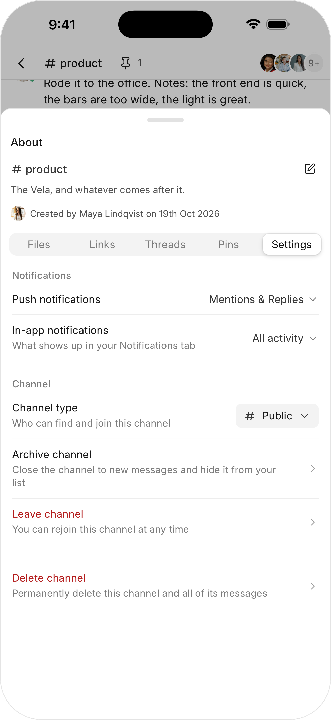 The channel settings on the mobile app