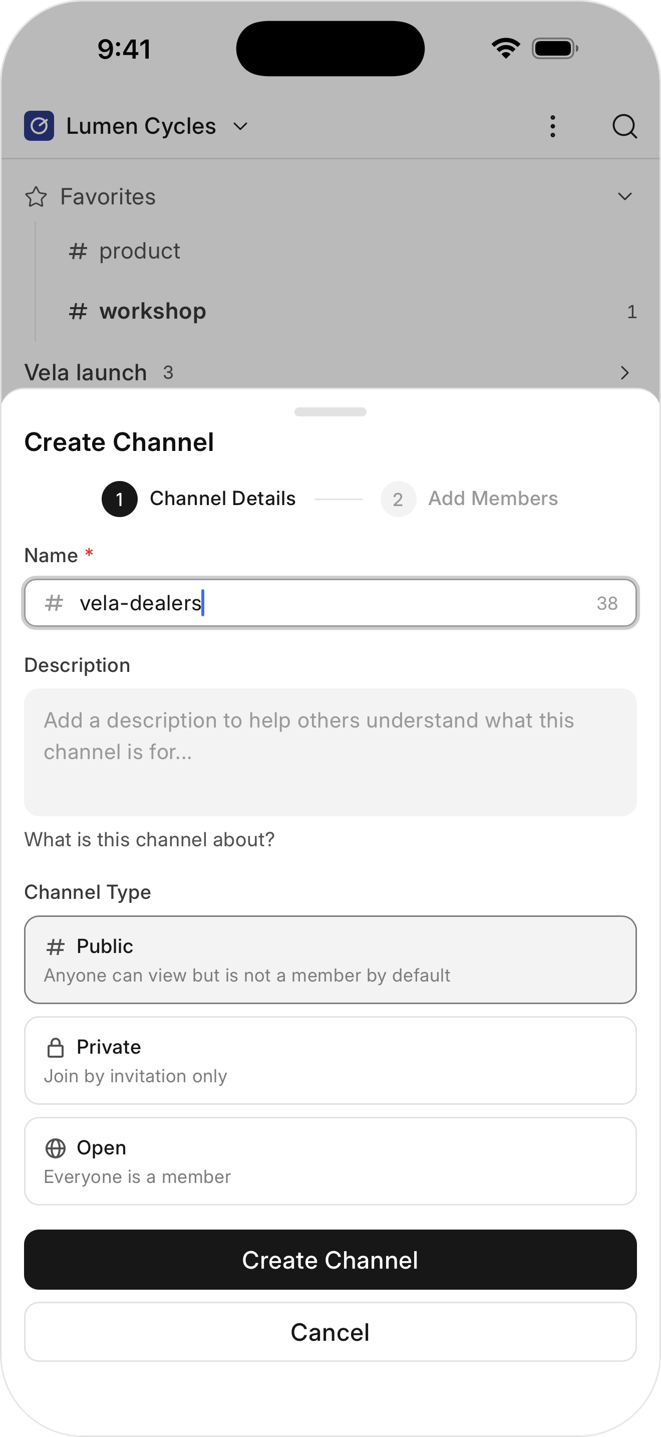 Creating a channel on the mobile app