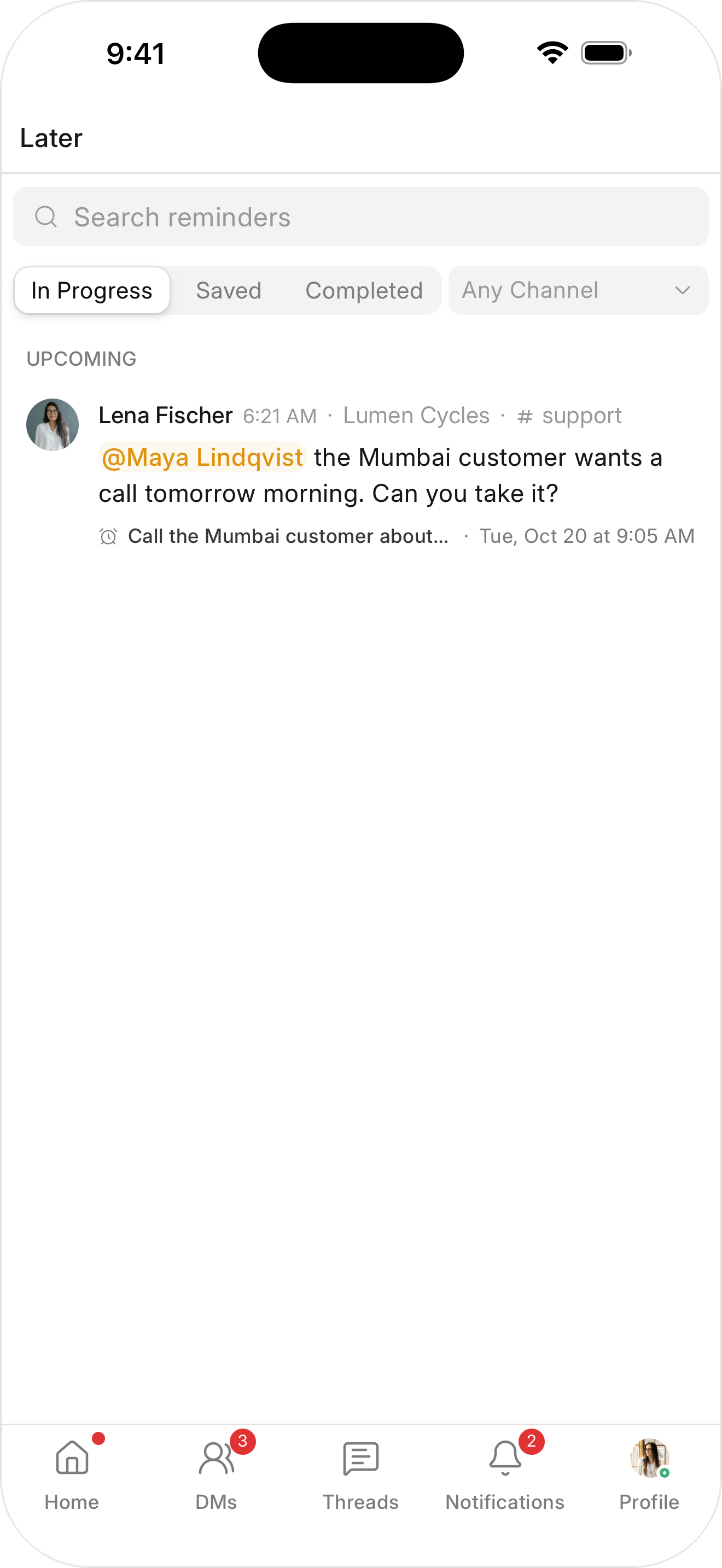The Later page on the mobile app