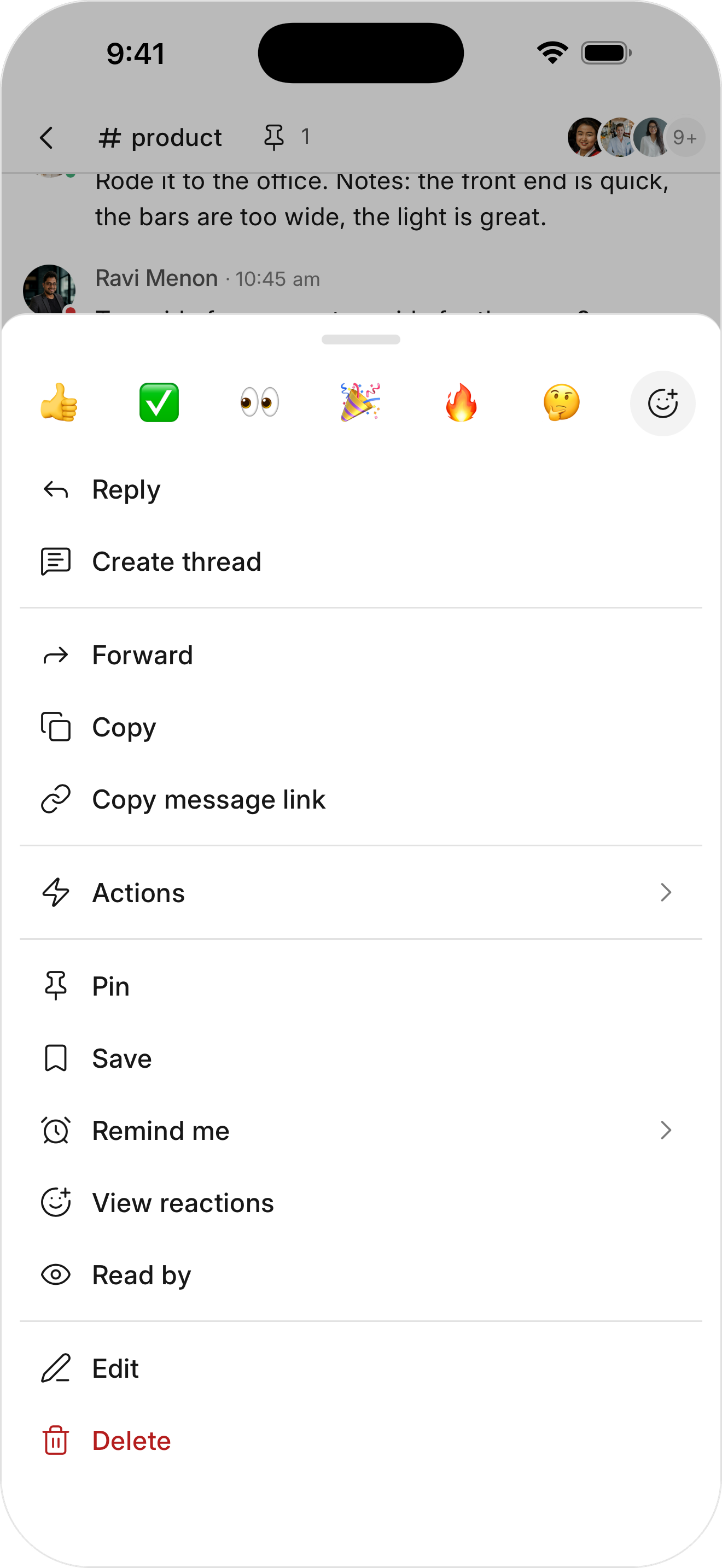 The actions for a message on the mobile app