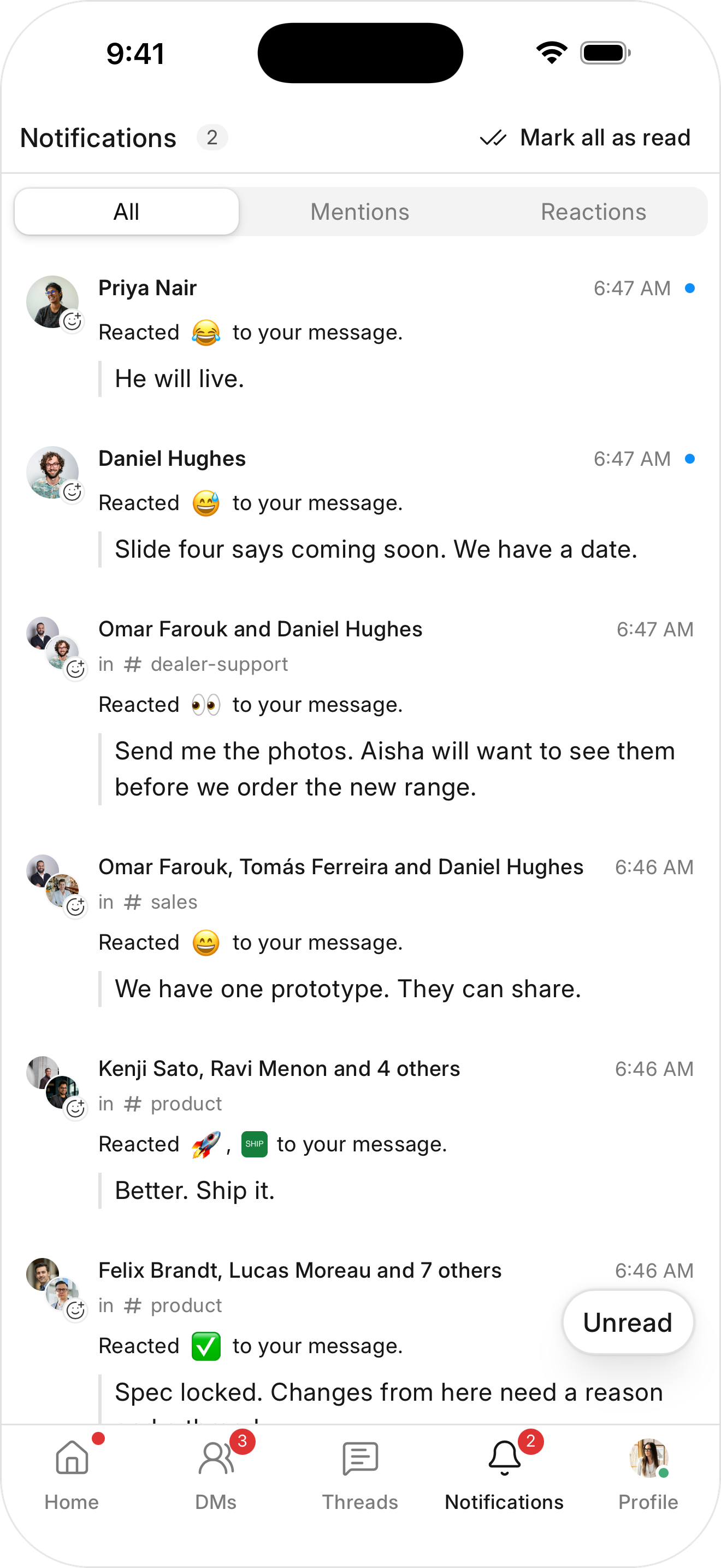 The Notifications tab on the mobile app