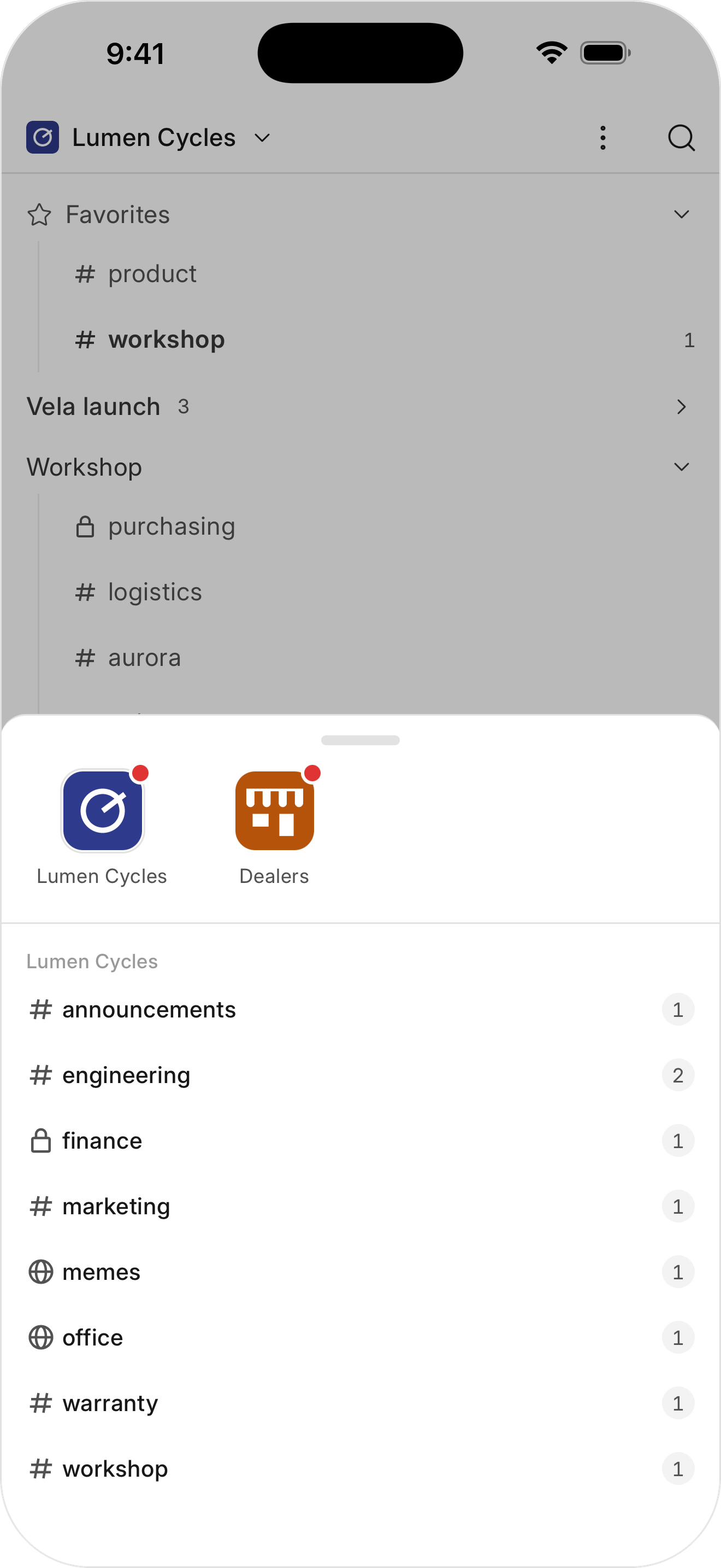 The workspaces sheet on the mobile app