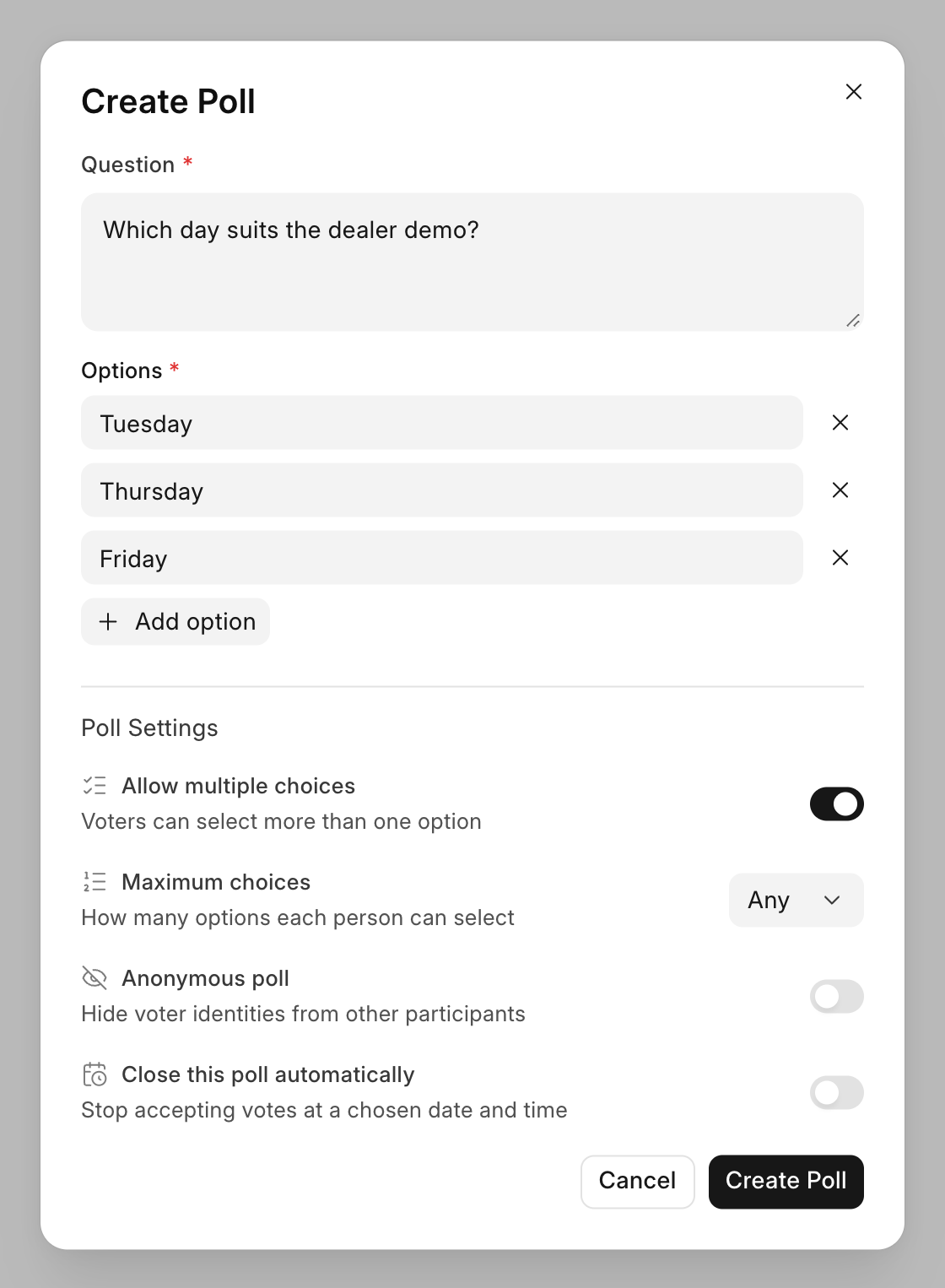 The poll form with three options