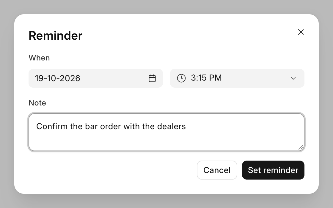 The reminder dialog with a note
