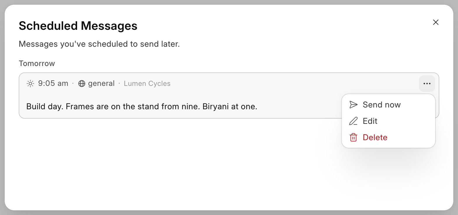 A scheduled message and its actions