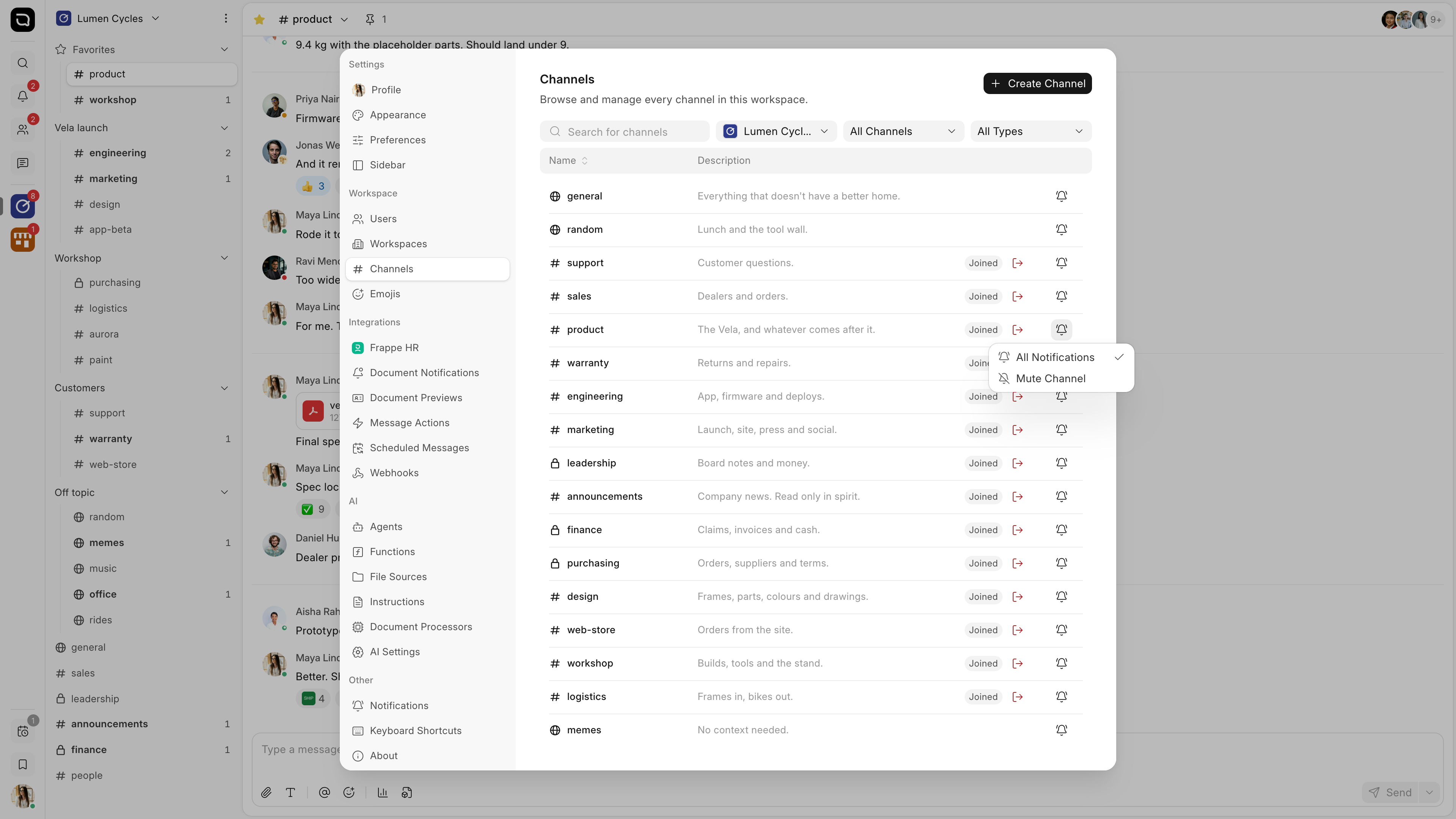 The bell menu on a channel in Settings