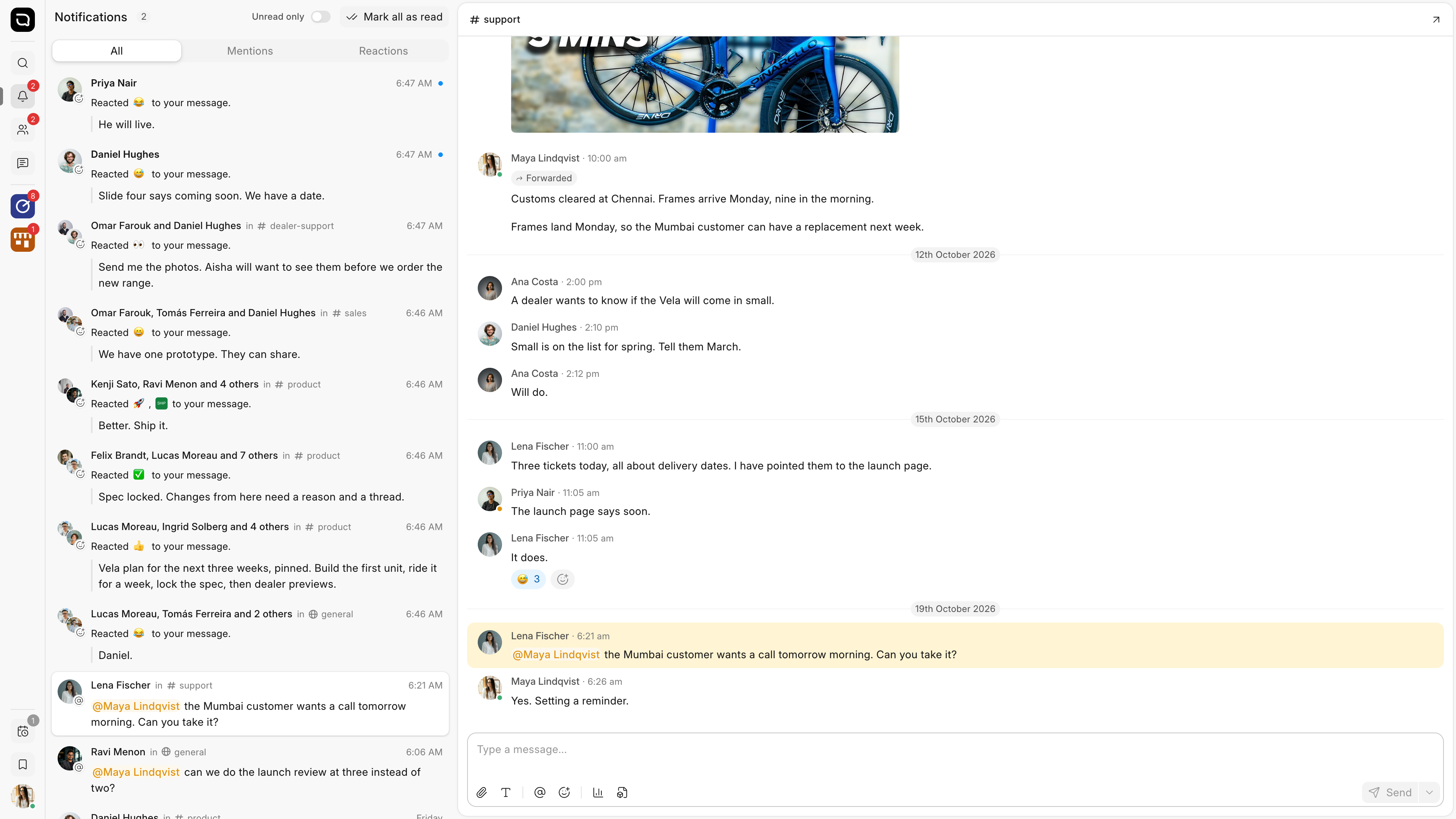 The Notifications page, with a mention open next to the list