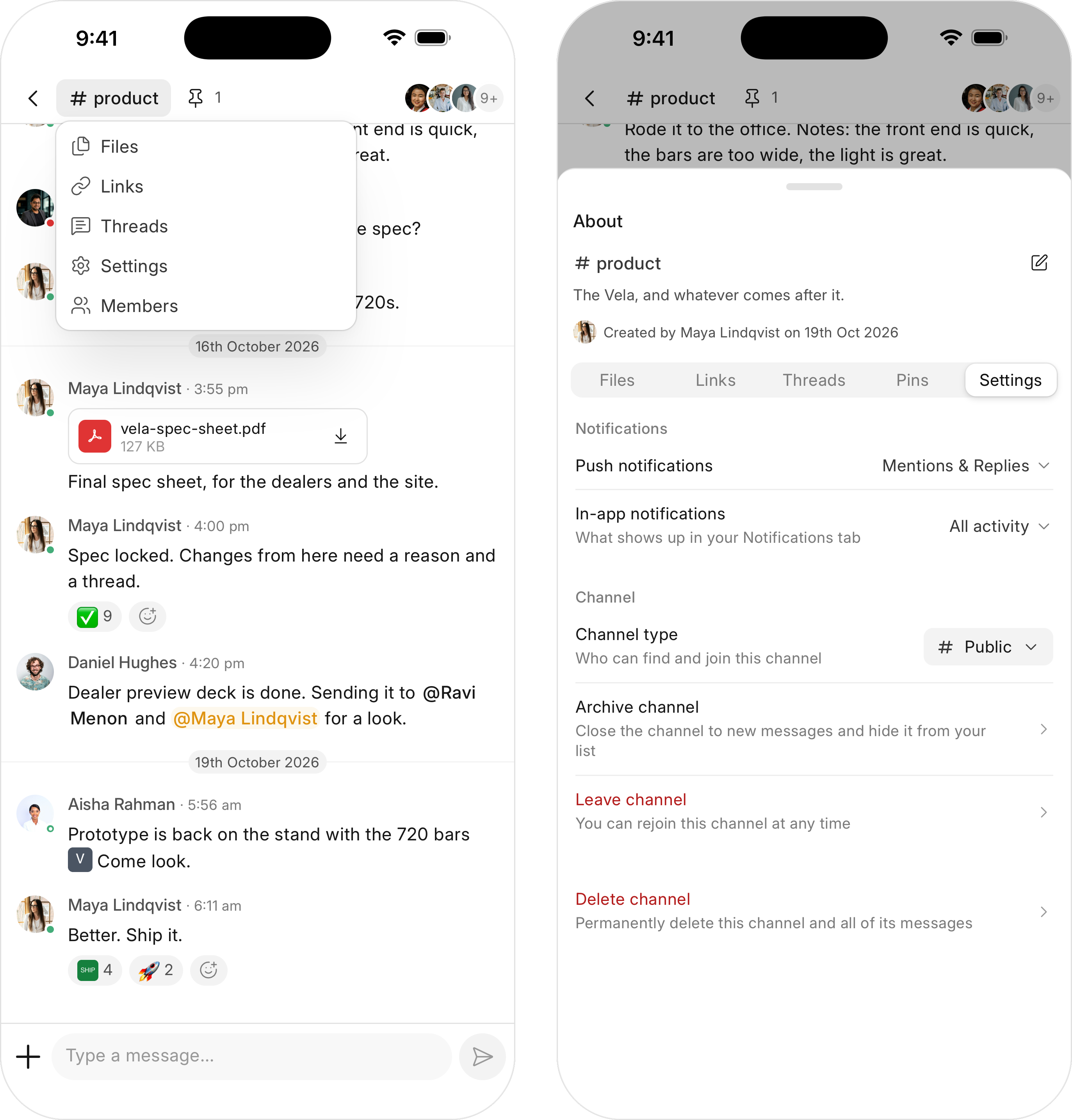 The channel menu and the channel settings on the mobile app