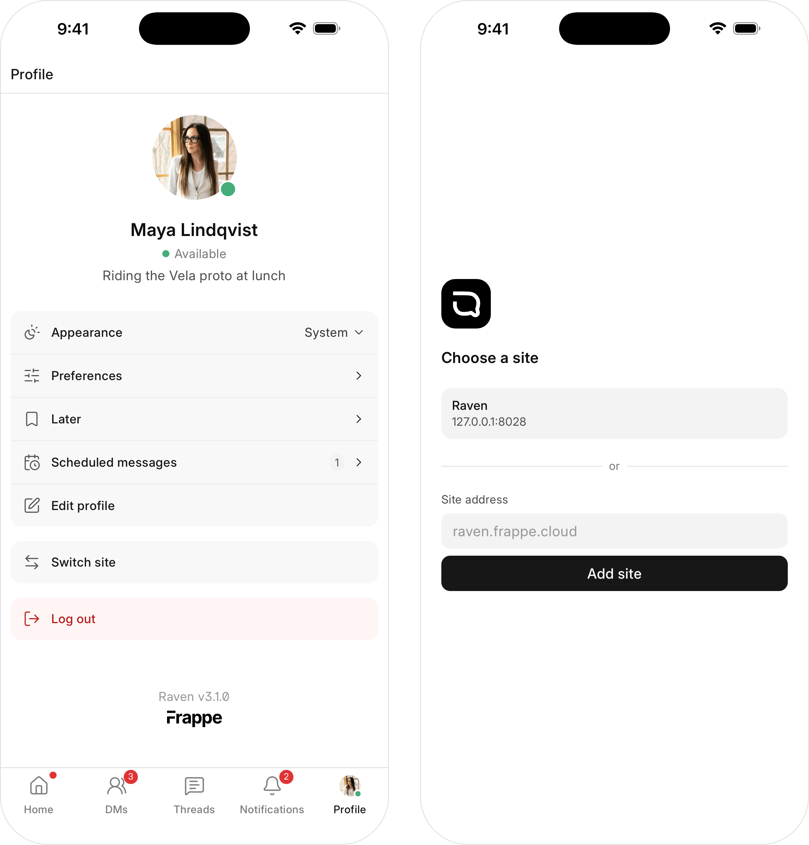 The Switch site option and the list of sites