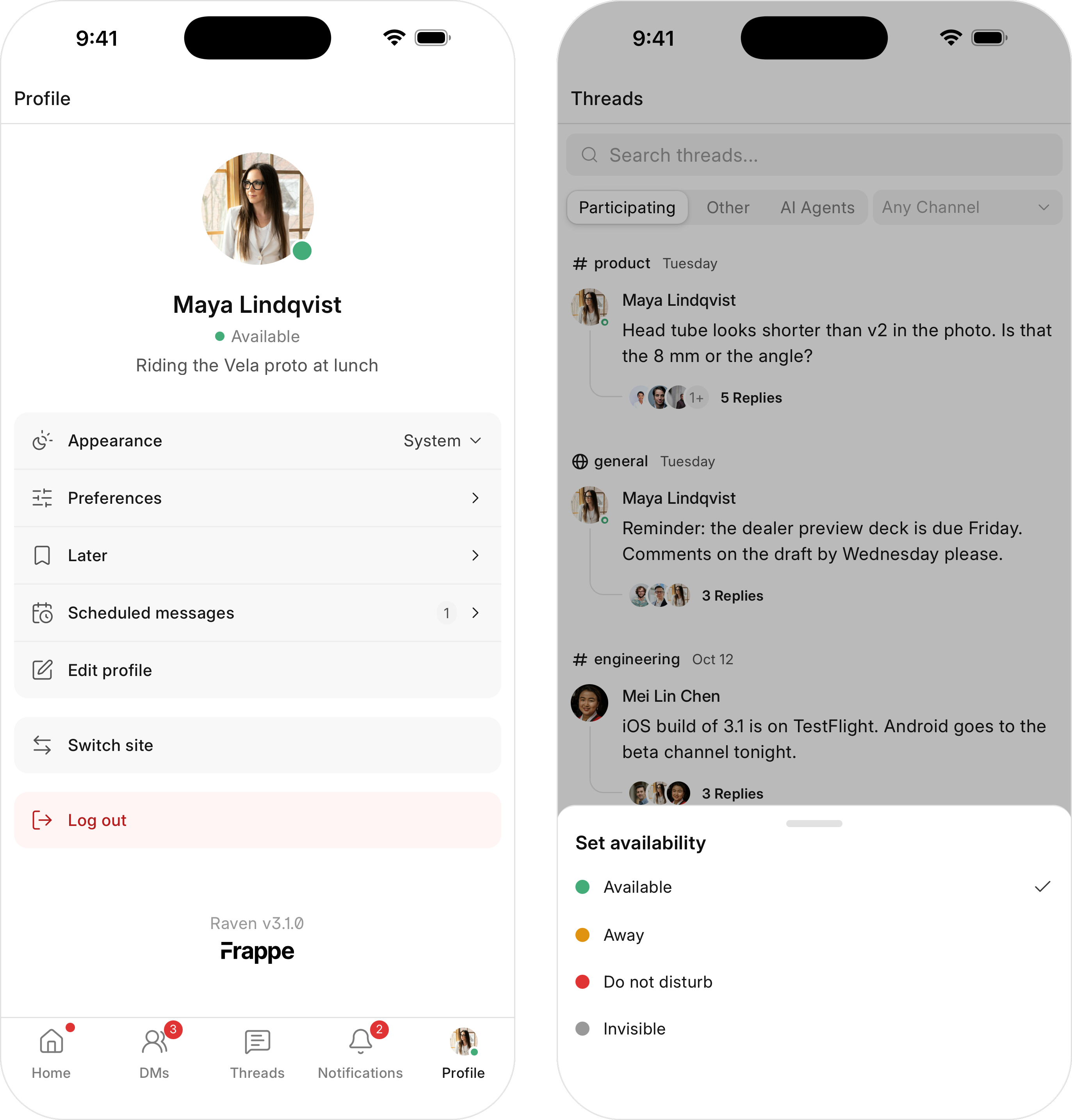 The Profile tab and the availability picker on the mobile app