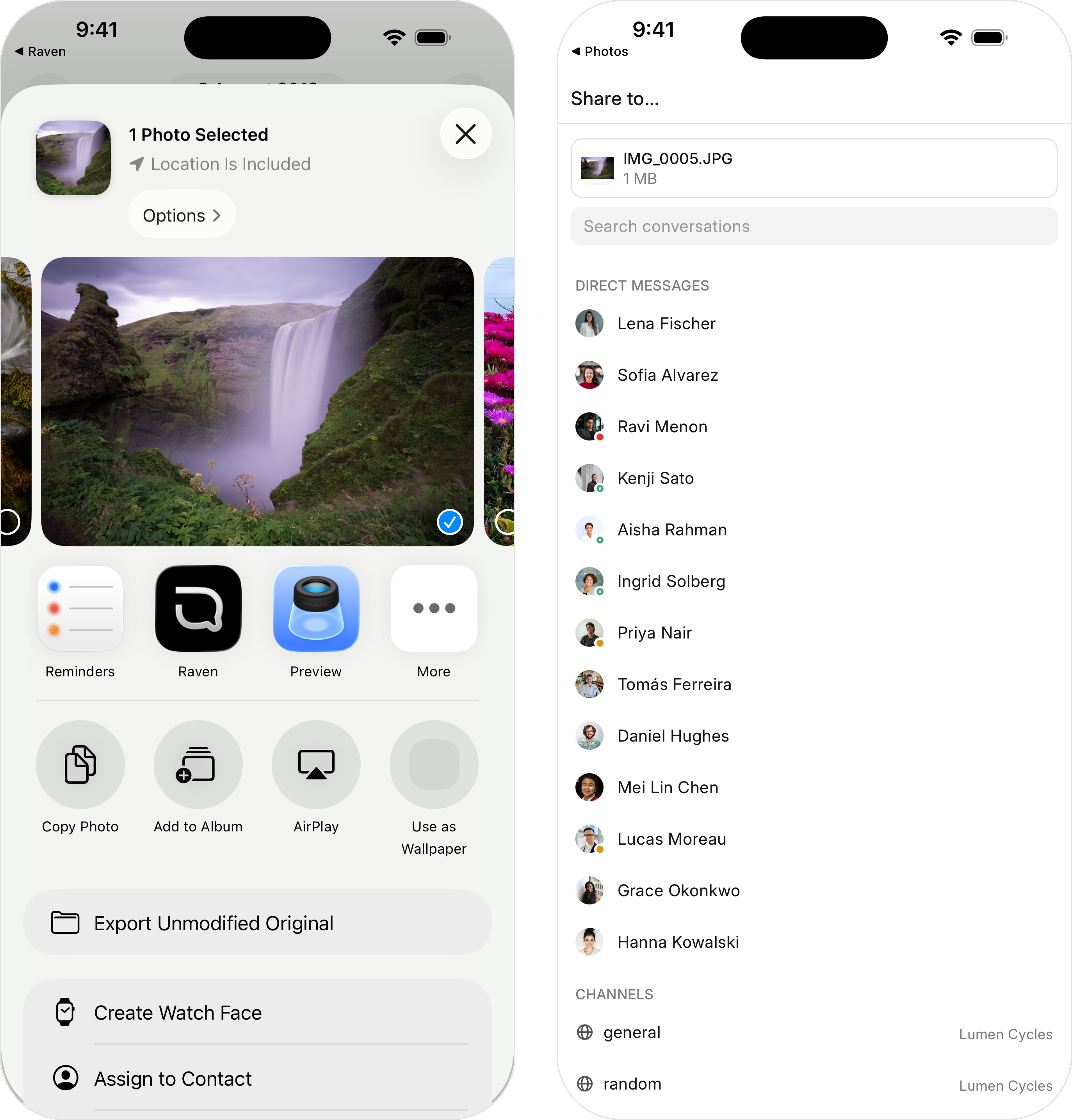 Sharing a photo from the Photos app to Raven