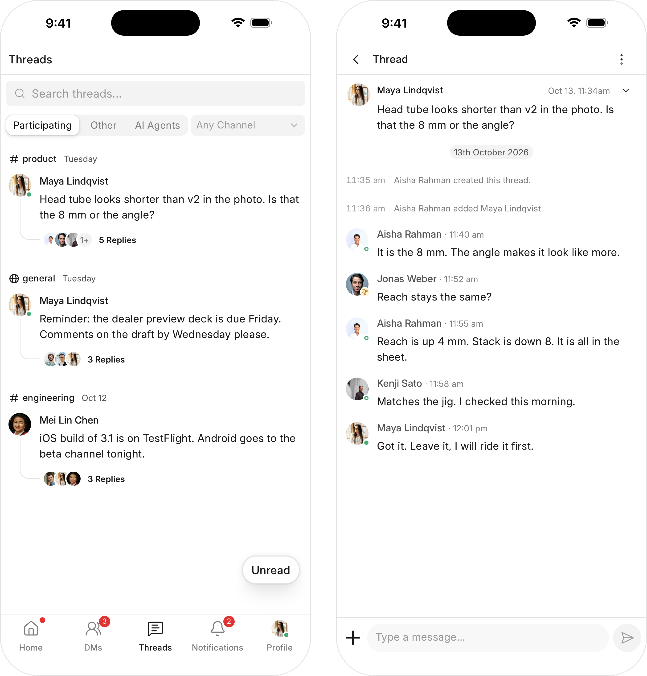 The Threads tab and an open thread on the mobile app