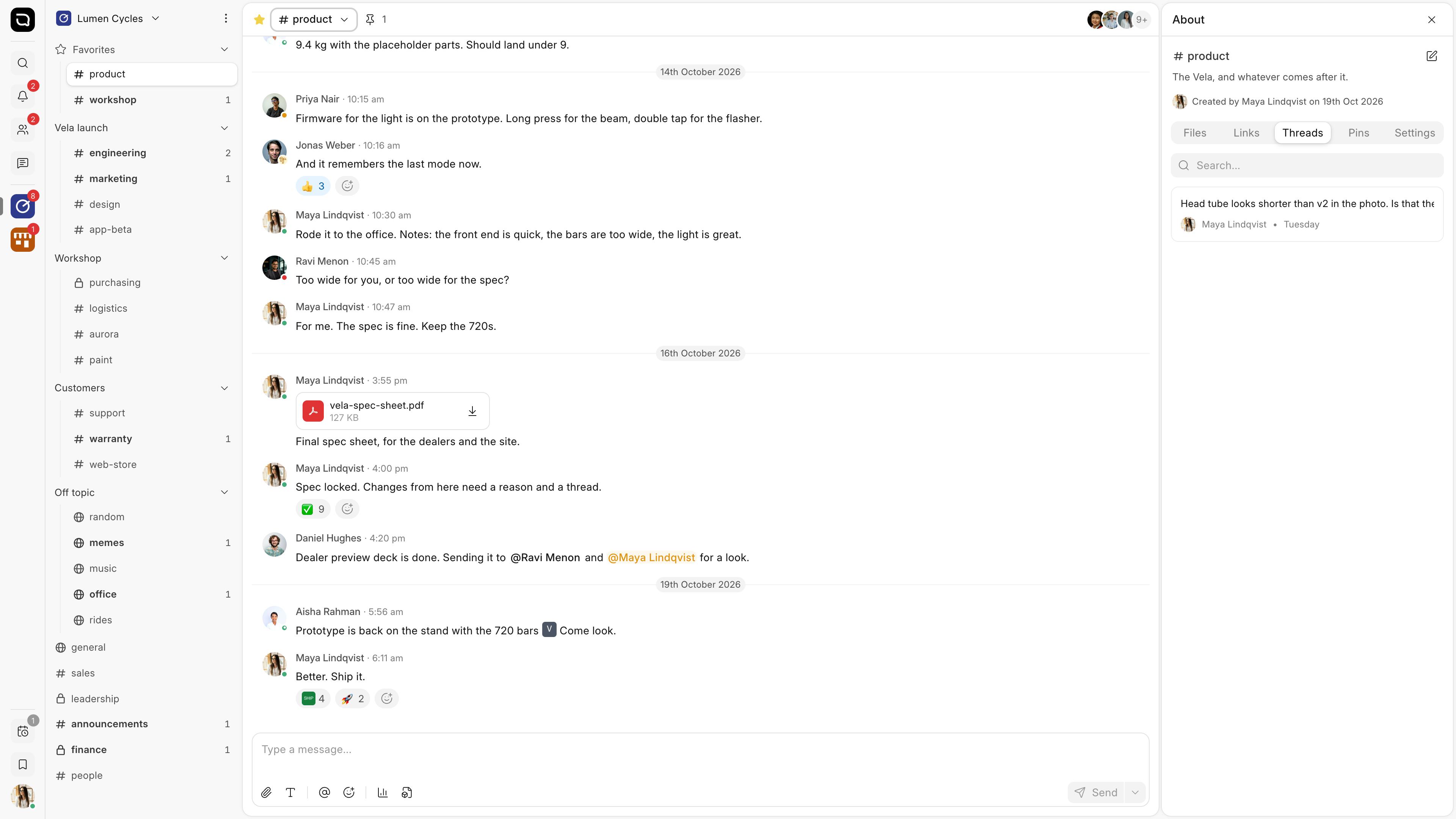 The Threads tab of a channel