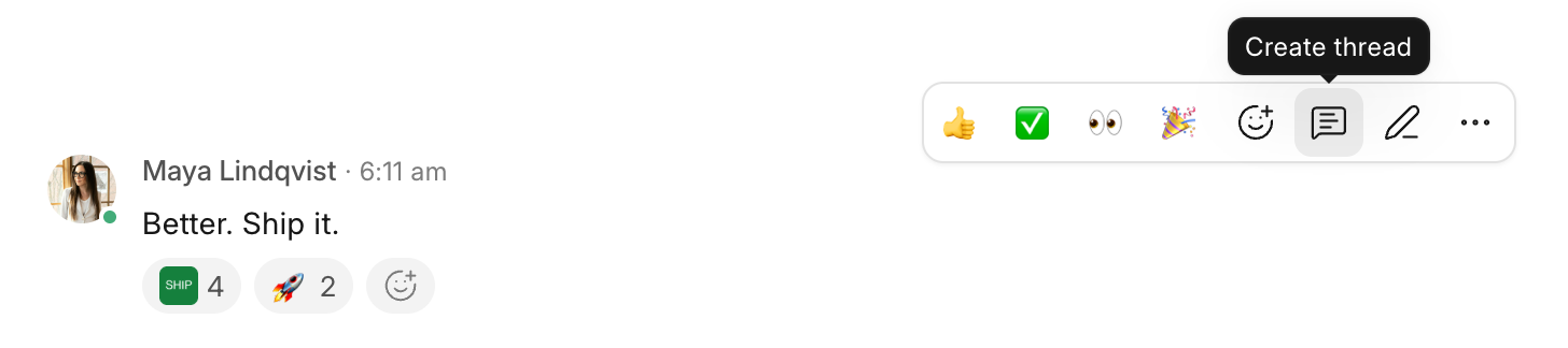 The Create thread button on a message