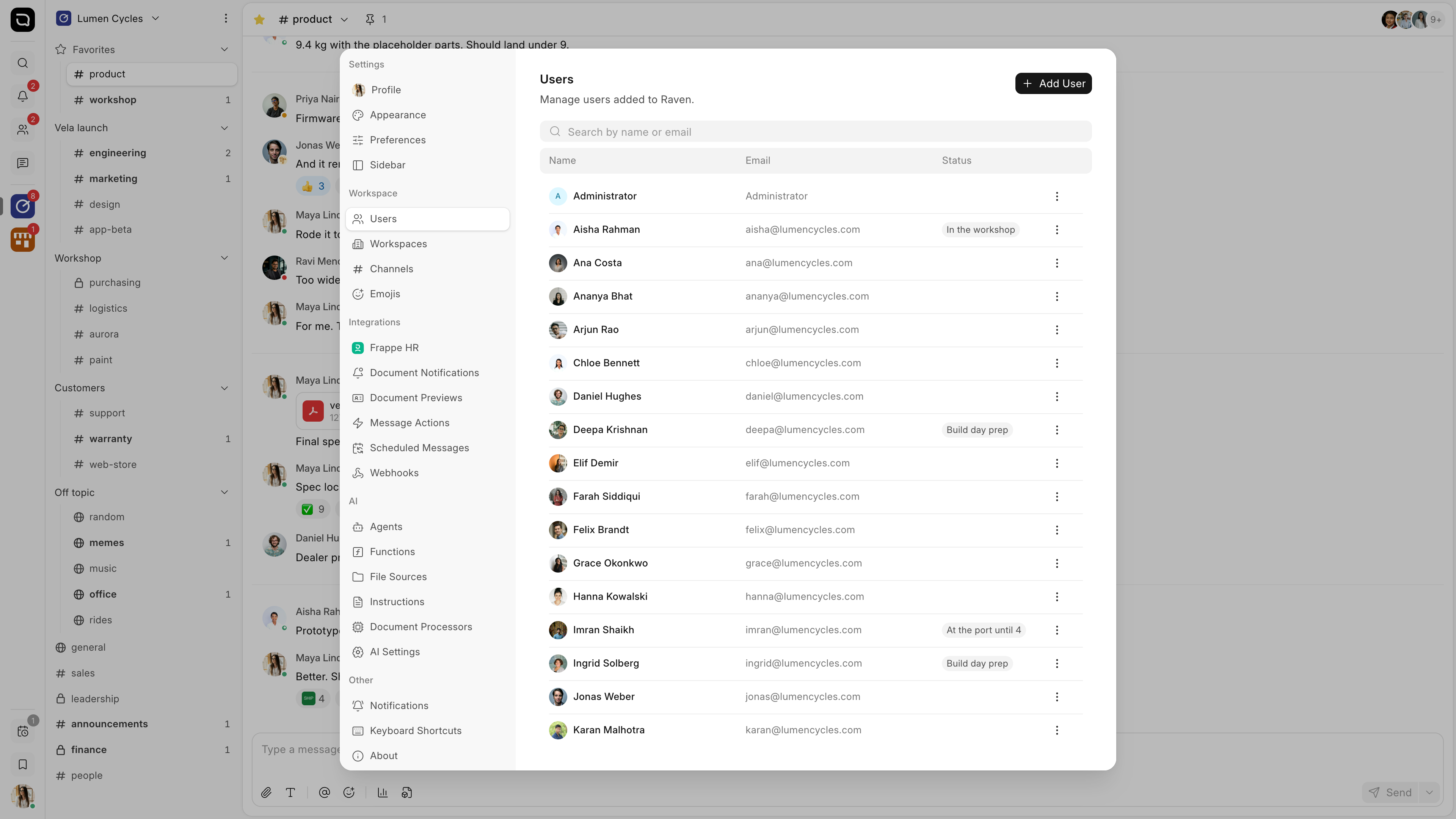 Settings, on the Users list