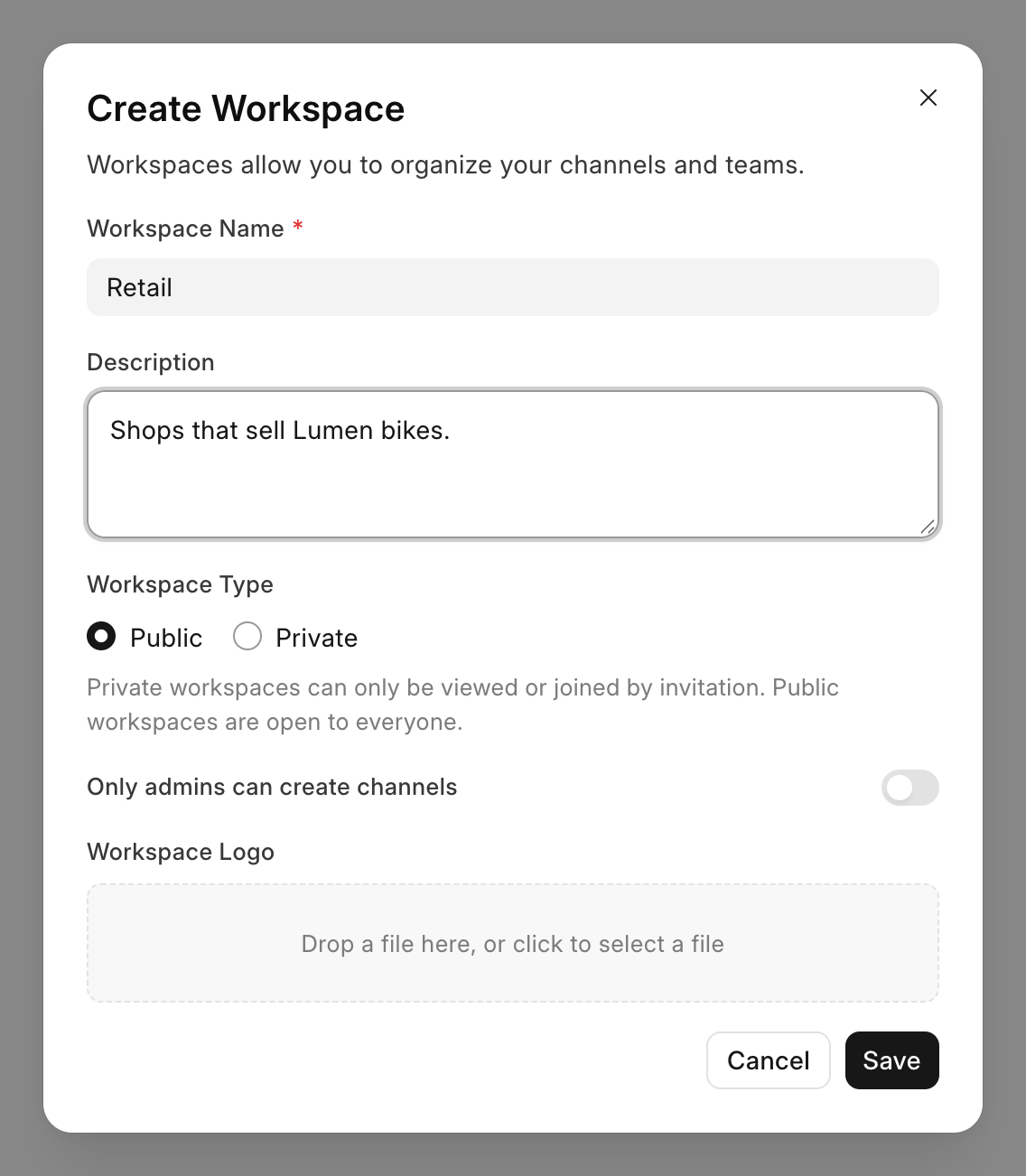 The Create Workspace dialog