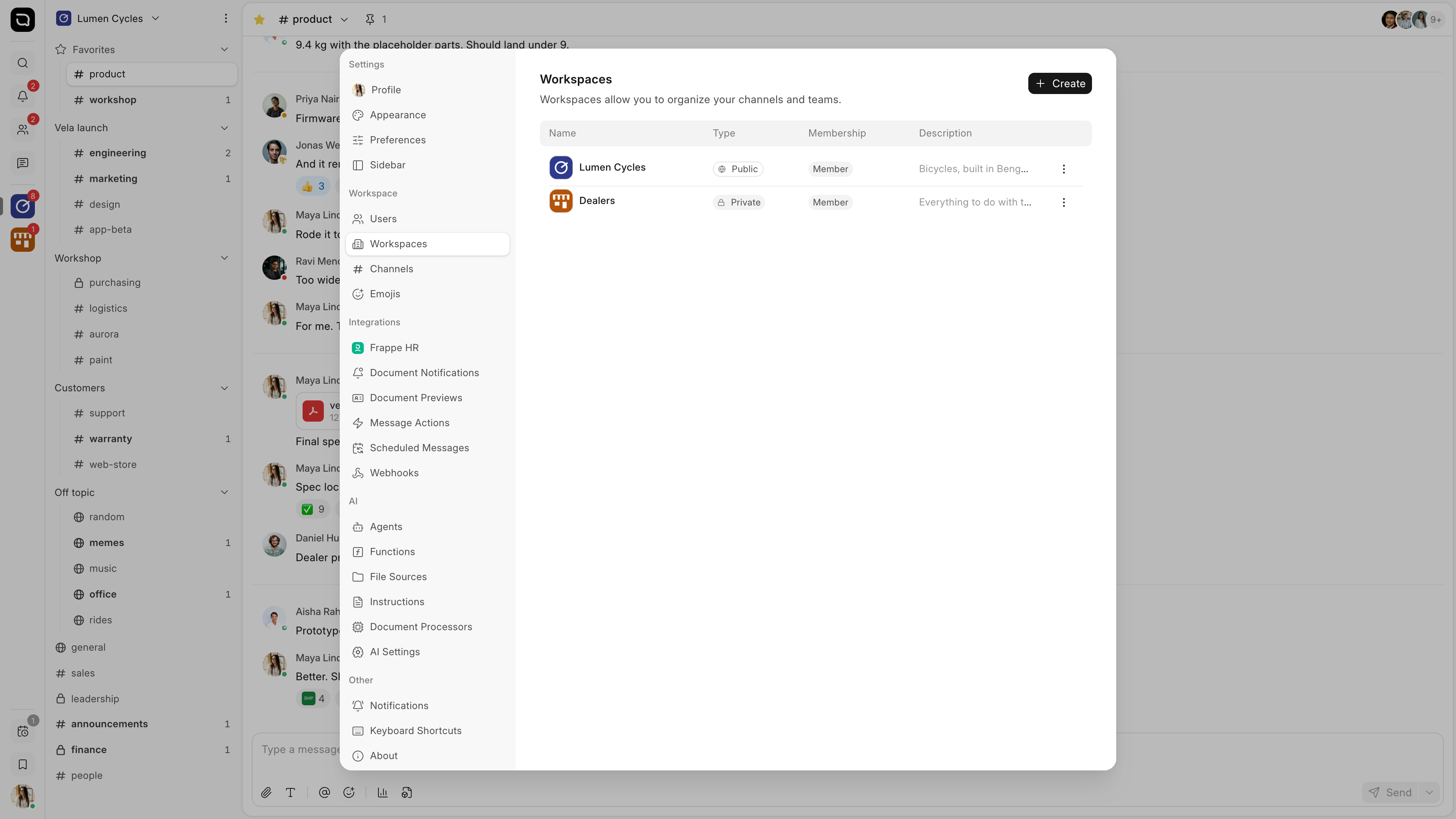 Settings, on the Workspaces list