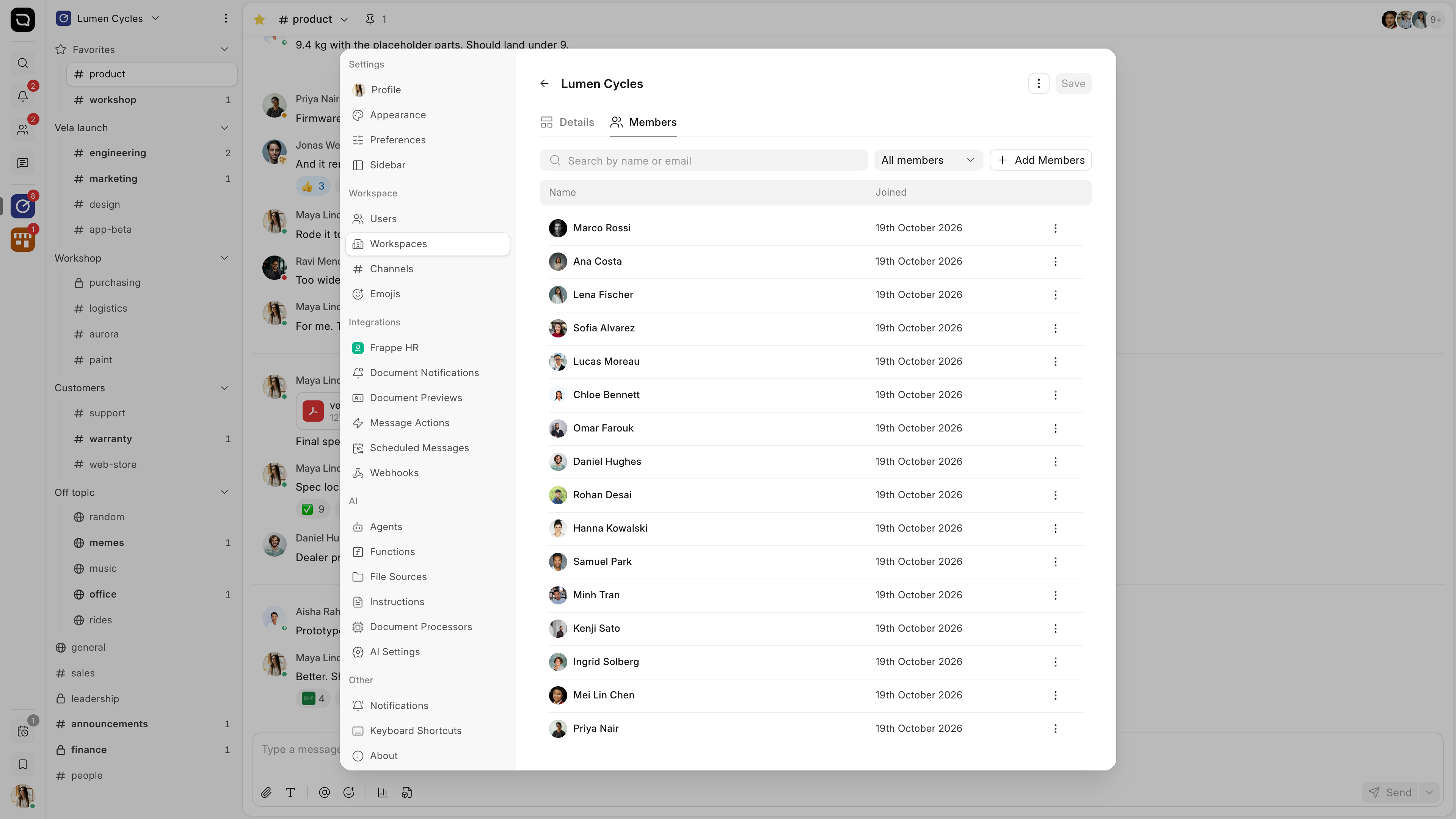 The Members tab of a workspace